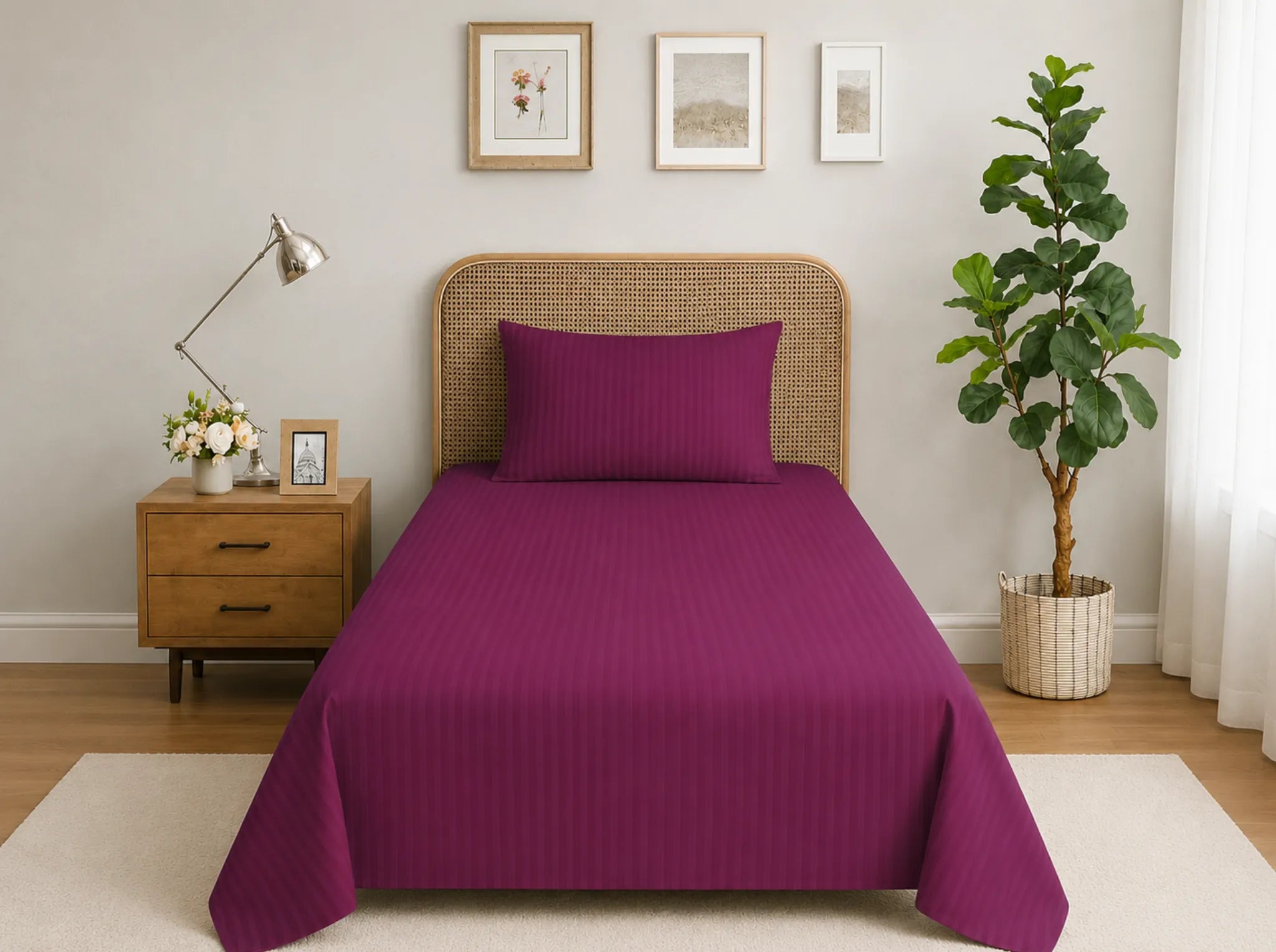 Wine - Linen & Loom Elegance Series (60x90 inches) Bedsheet with 1 Pillow Cover | Luxury Striped Cotton Blend Bedsheet Set | Soft, Breathable & Hotel-Style Finish | TC 200
