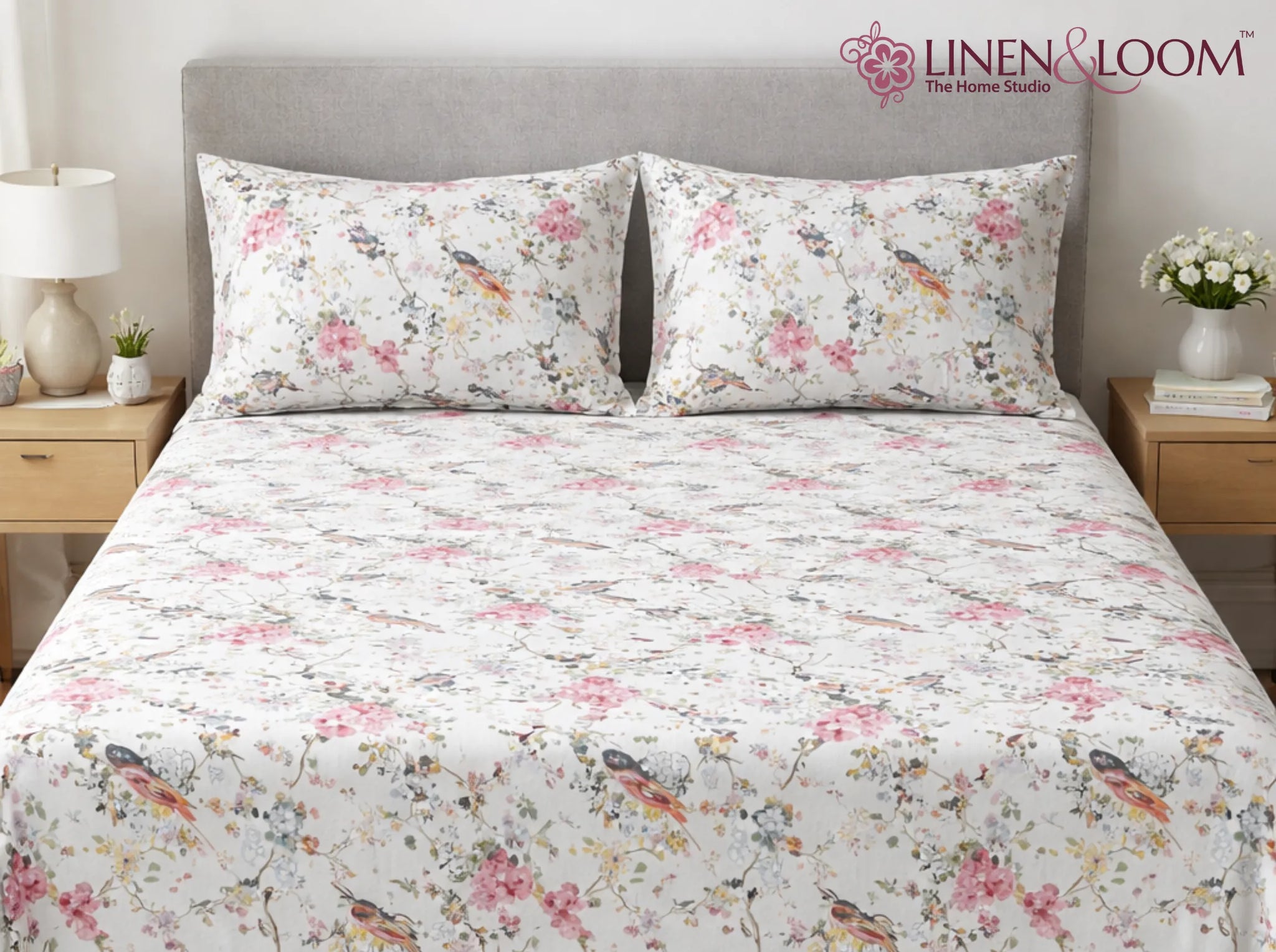 Pink Blossom Aviary - Linen & Loom Natural Collection - Super King (100x108) 100% Pure Cotton Bedsheet with 2 Pillow Covers | Soft Breathable Bedspread for Home Decor | TC 240