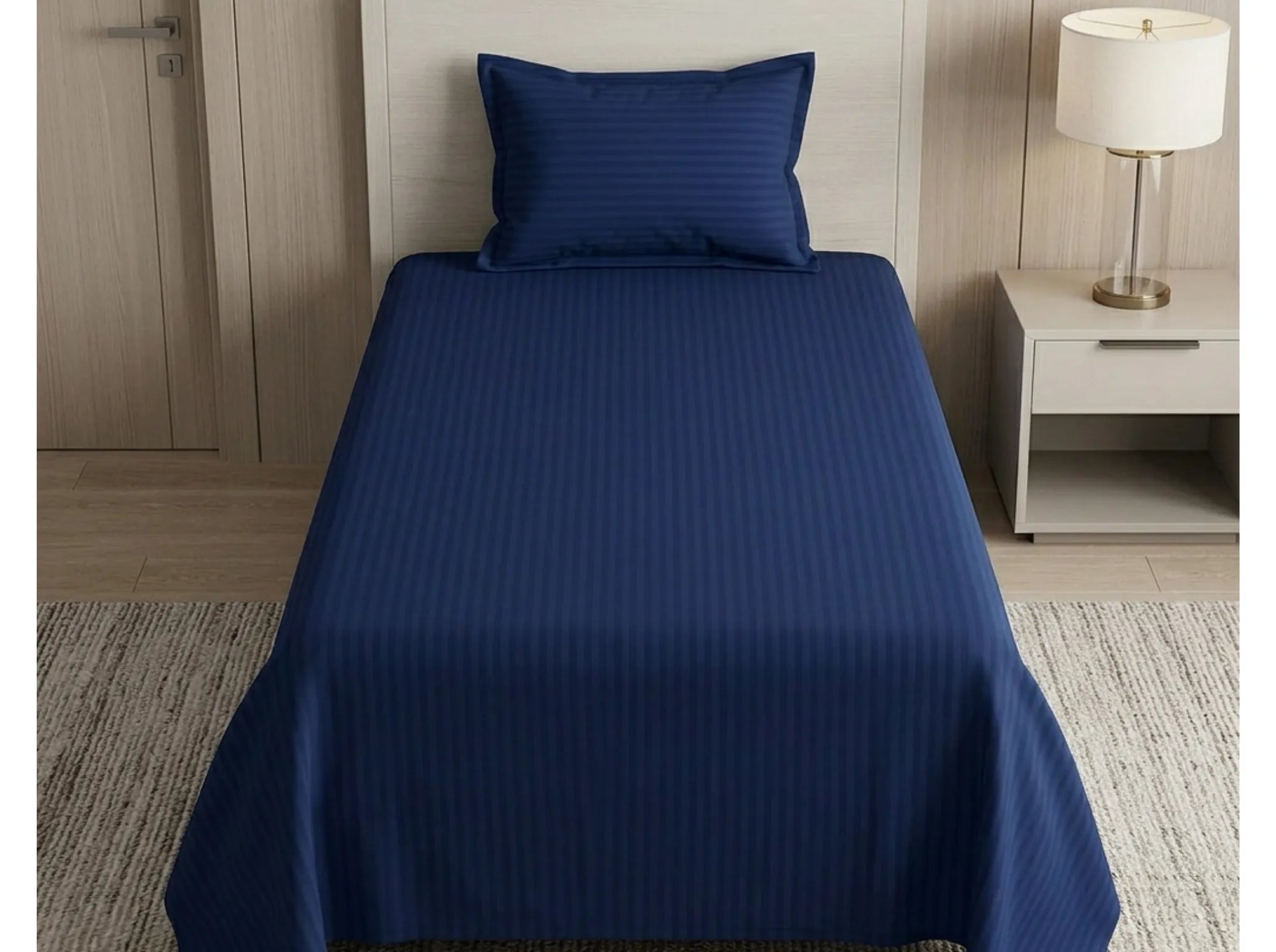 Navy Blue - Linen & Loom Elegance Series (60x90 inches) Bedsheet with 1 Pillow Cover | Luxury Striped Cotton Blend Bedsheet Set | Soft, Breathable & Hotel-Style Finish | TC 200