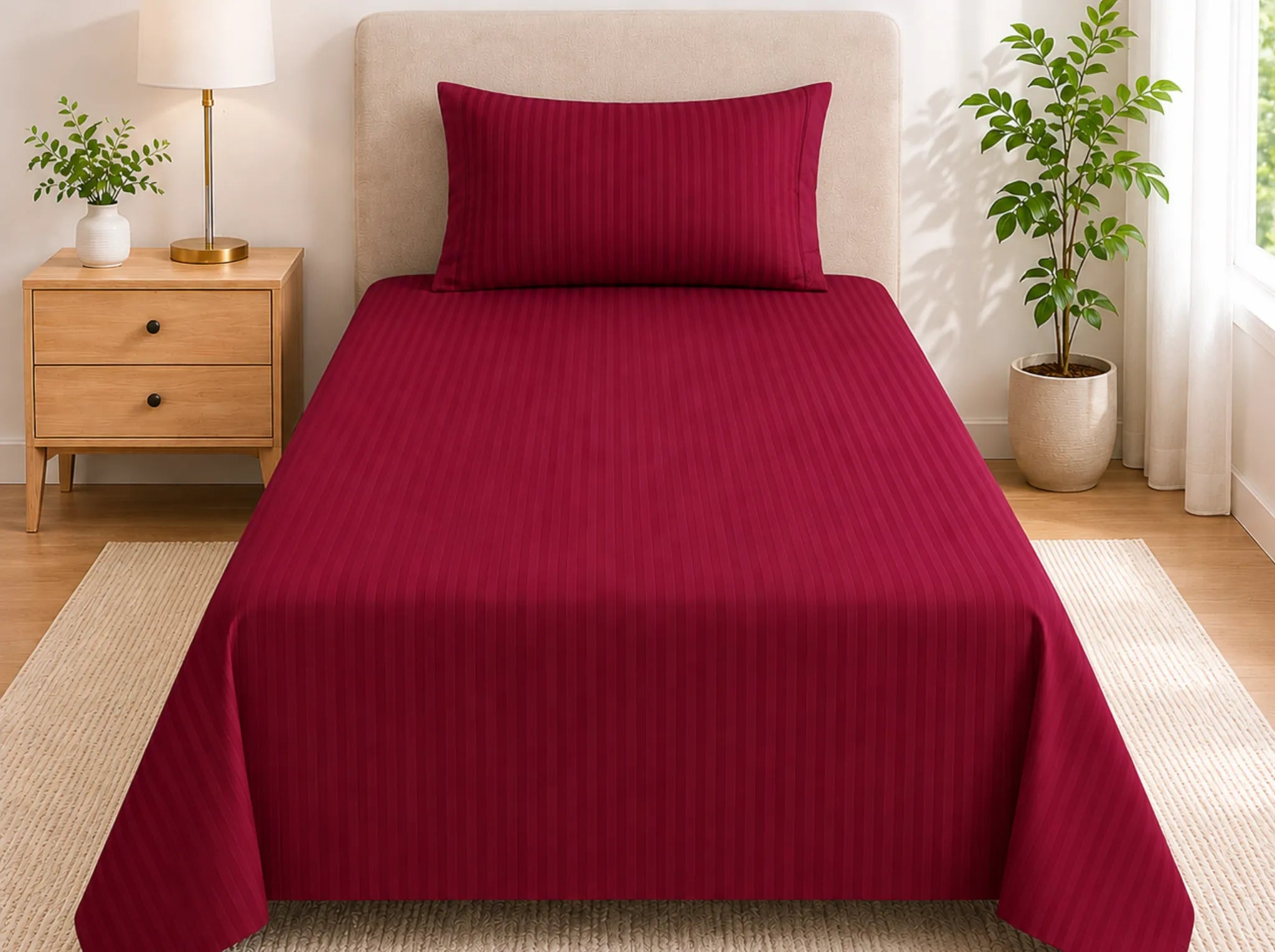 Maroon - Linen & Loom Elegance Series (60x90 inches) Bedsheet with 1 Pillow Cover | Luxury Striped Cotton Blend Bedsheet Set | Soft, Breathable & Hotel-Style Finish | TC 200
