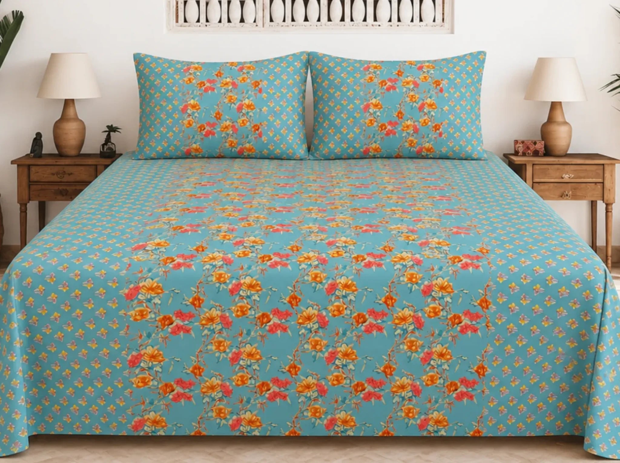 Gulshan Charm Blue Red — Sanganeri Stories Bedsheet | Linen & Loom