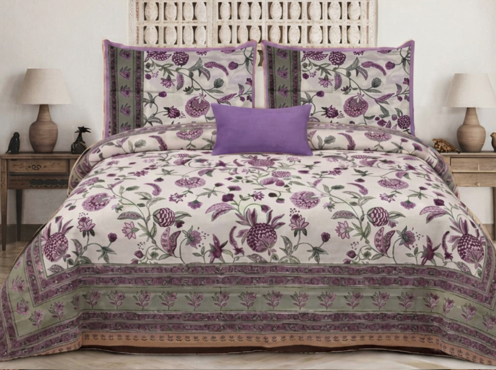 Firdaus Heritage - Lilac — Maharani Motifs Bedsheet | Linen & Loom
