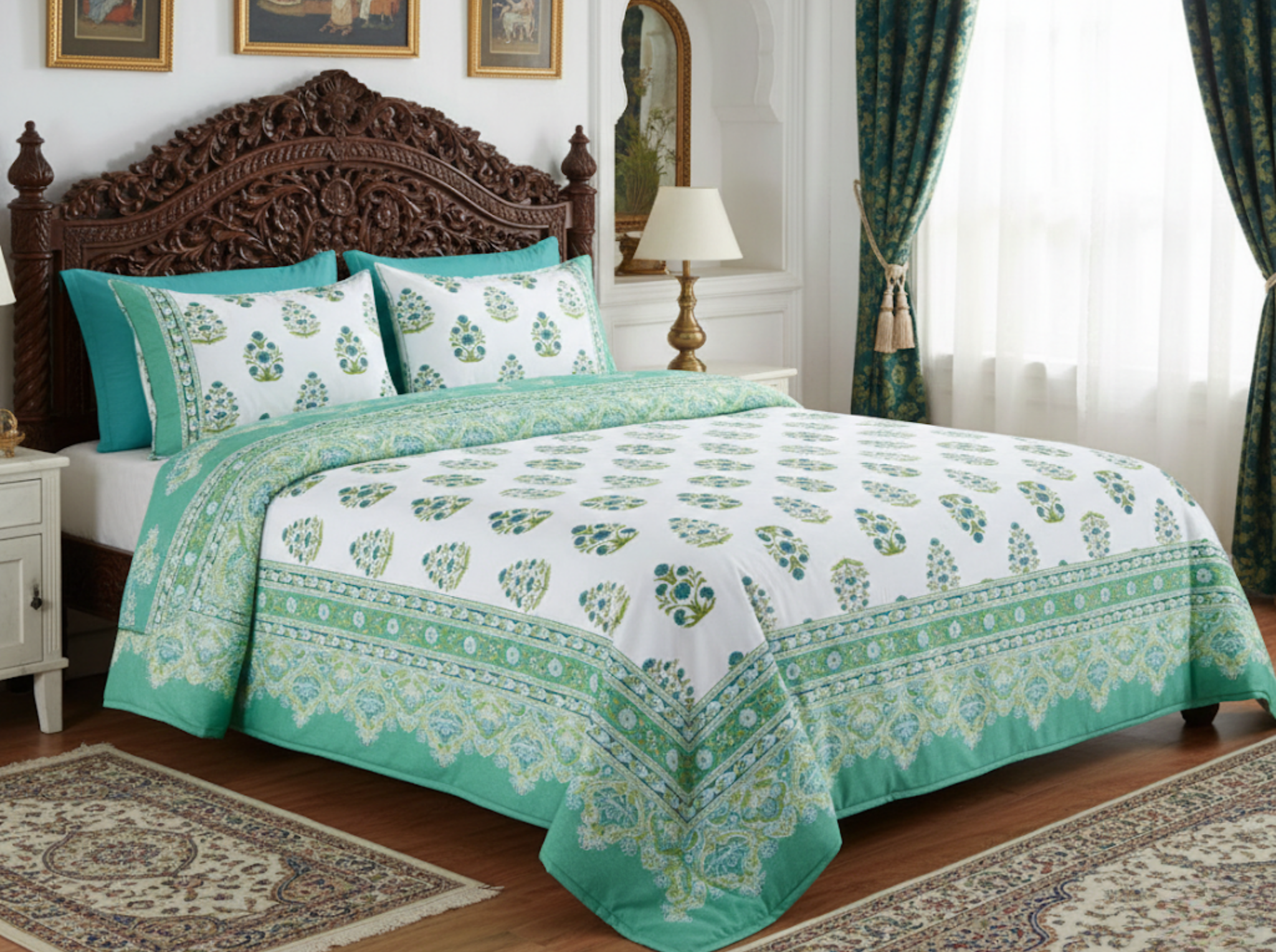 Gulshan Royale-Green — Linen & Loom Maharani Motifs Premium 100% Pure Cotton King Size (90x108) Double Bed Bedsheet with 2 Pillow Covers || Floral Printed Elegant Bedroom Bedding Set || 240 TC