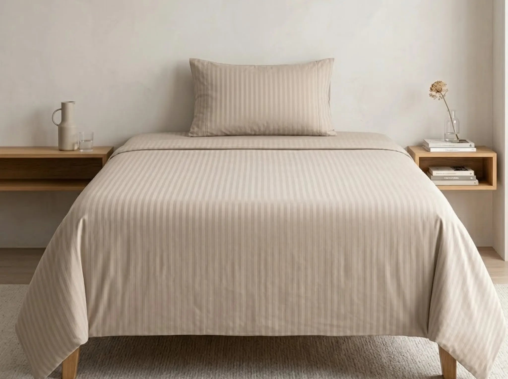 Beige - Linen & Loom Elegance Series (60x90 inches) Bedsheet with 1 Pillow Cover | Luxury Striped Cotton Blend Bedsheet Set | Soft, Breathable & Hotel-Style Finish | TC 200