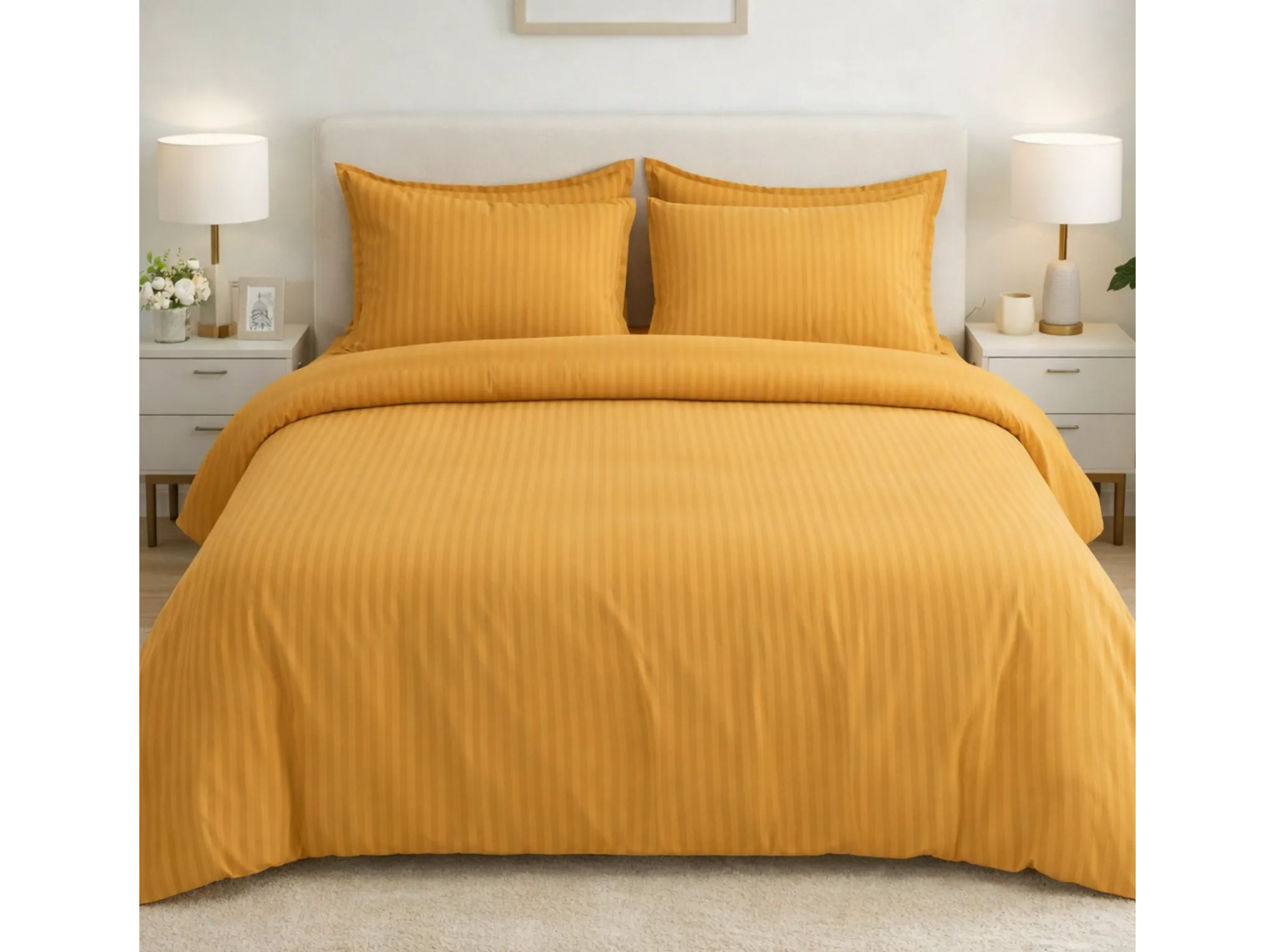 Mustard - Linen & Loom Elegance Series Super King Size Bedsheet with 2 Pillow Covers | Luxury Striped Cotton Blend Bedsheet Set 200 TC | Soft, Breathable & Hotel-Style Finish (108 x 108 inches)