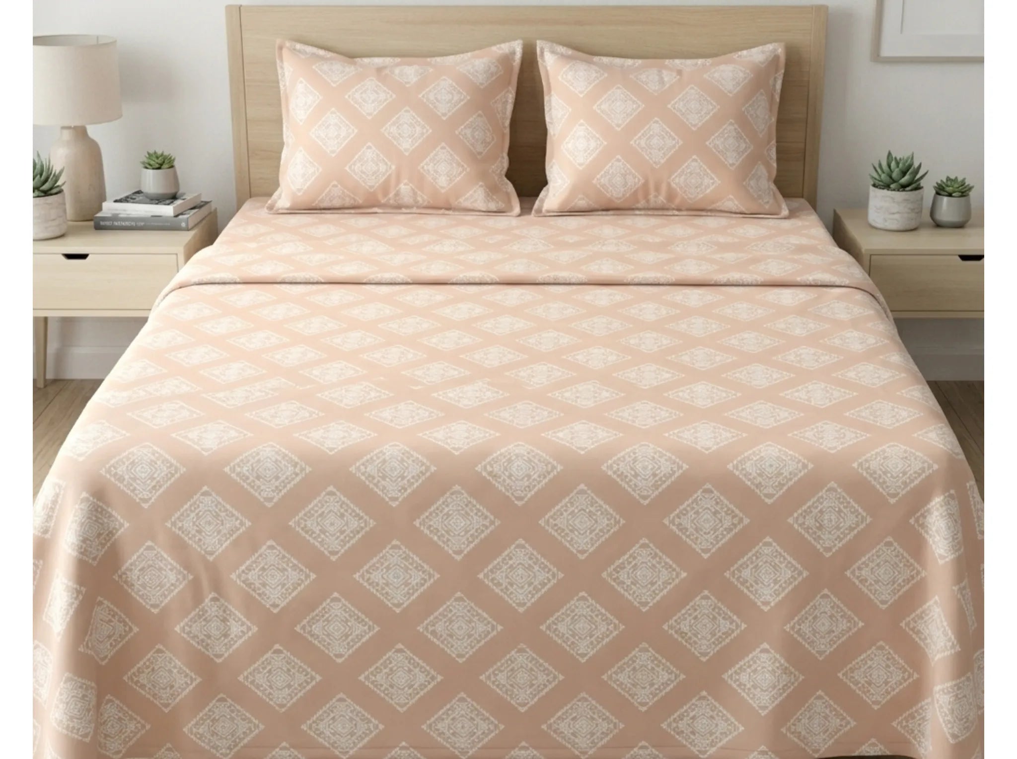 Blush Mosaic - Linen & Loom Serenity Series Super King Size (108x108 inches) Double Bedsheet with 2 Pillow Covers || Soft Breathable Cotton Feel Bedding Set with Elegant Geometric Design || TC 240
