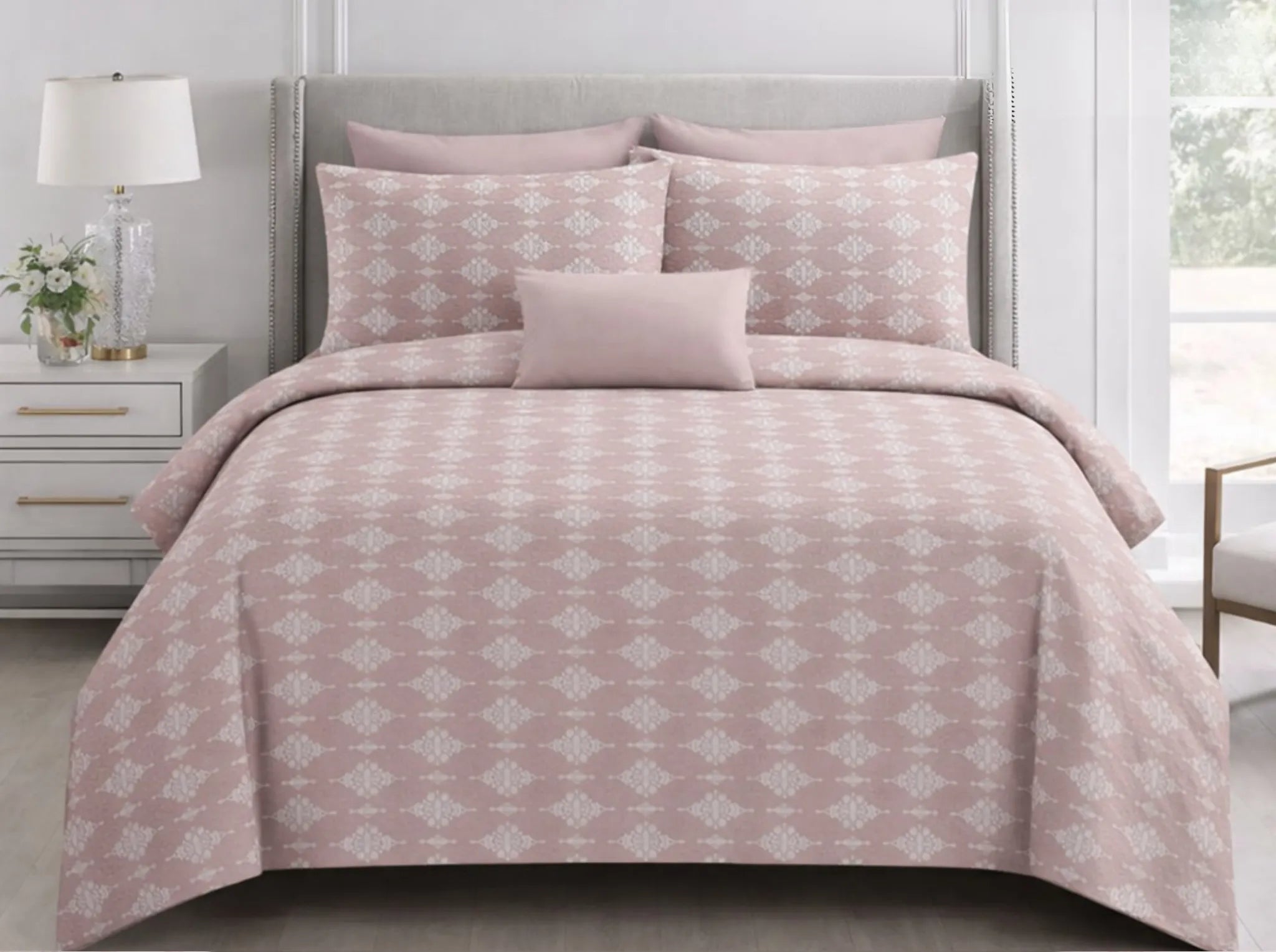 Blush Calm - Linen & Loom Serenity Series Super King Size (108x108 inches) Double Bedsheet with 2 Pillow Covers || Soft Breathable Cotton Feel Bedding Set with Elegant Geometric Design || TC 240