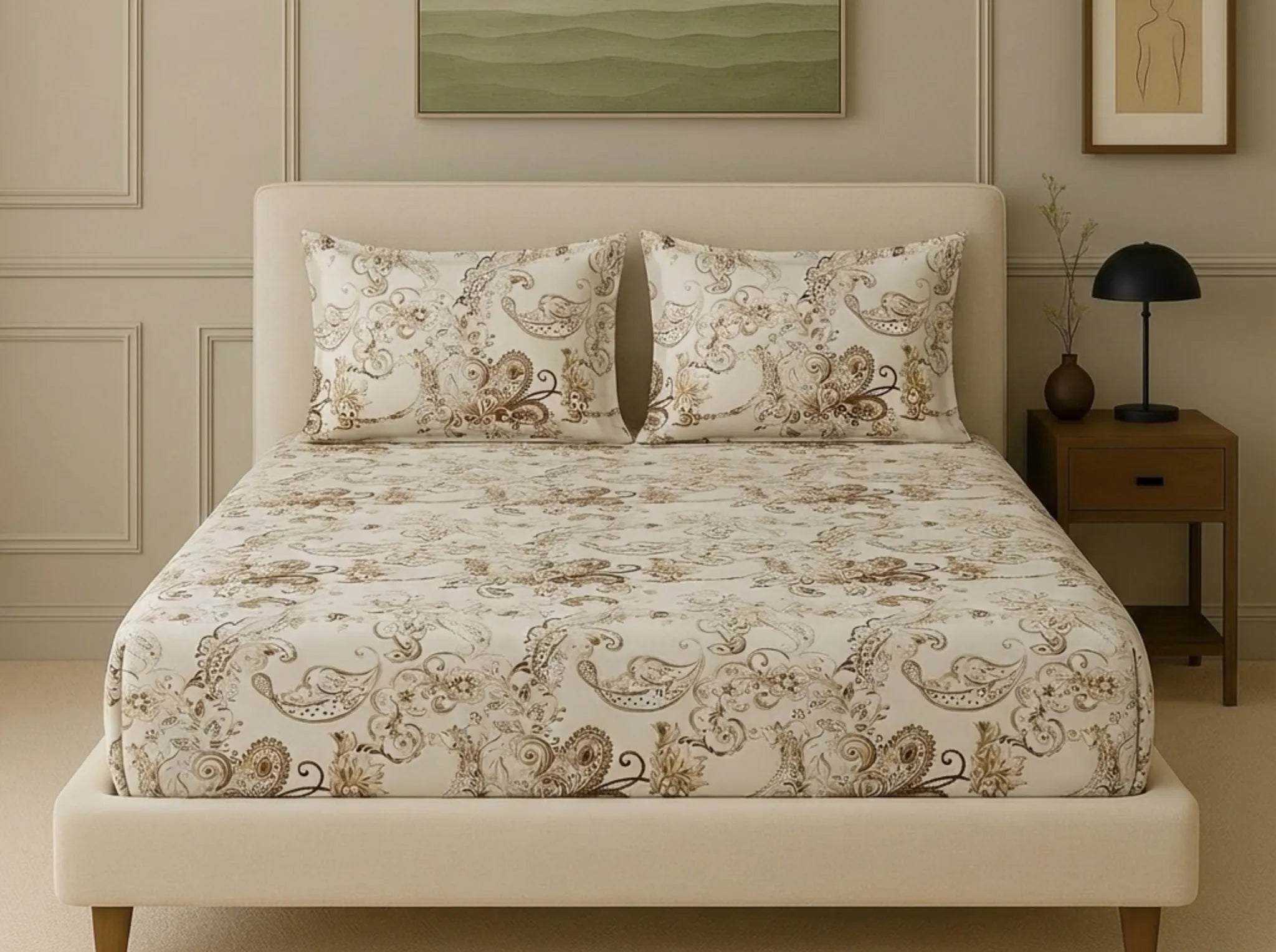 Taupe Tapestry - Linen & Loom Pure Comfort Series 360° Elastic Fitted Bedsheet | Soft and Comfortable Bed Linen Set for a Cozy Bedroom | 200 TC | King Size 72x78 inches + 9 inches