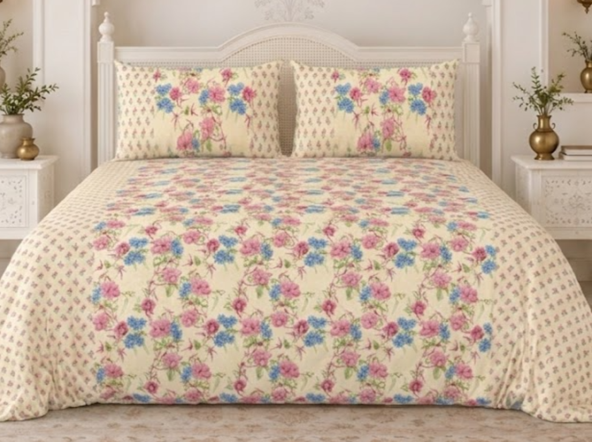 Bagh Elegance Pink Blue — Sanganeri Stories Bedsheet | Linen & Loom