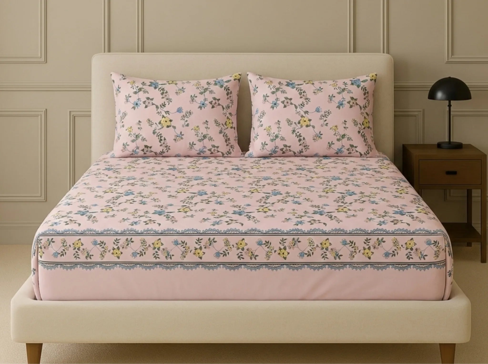 Bloom Elegance - Linen & Loom Pure Comfort Series 360° Elastic Fitted Bedsheet | Soft and Comfortable Bed Linen Set for a Cozy Bedroom | 200 TC | King Size 72x78 inches + 9 inches