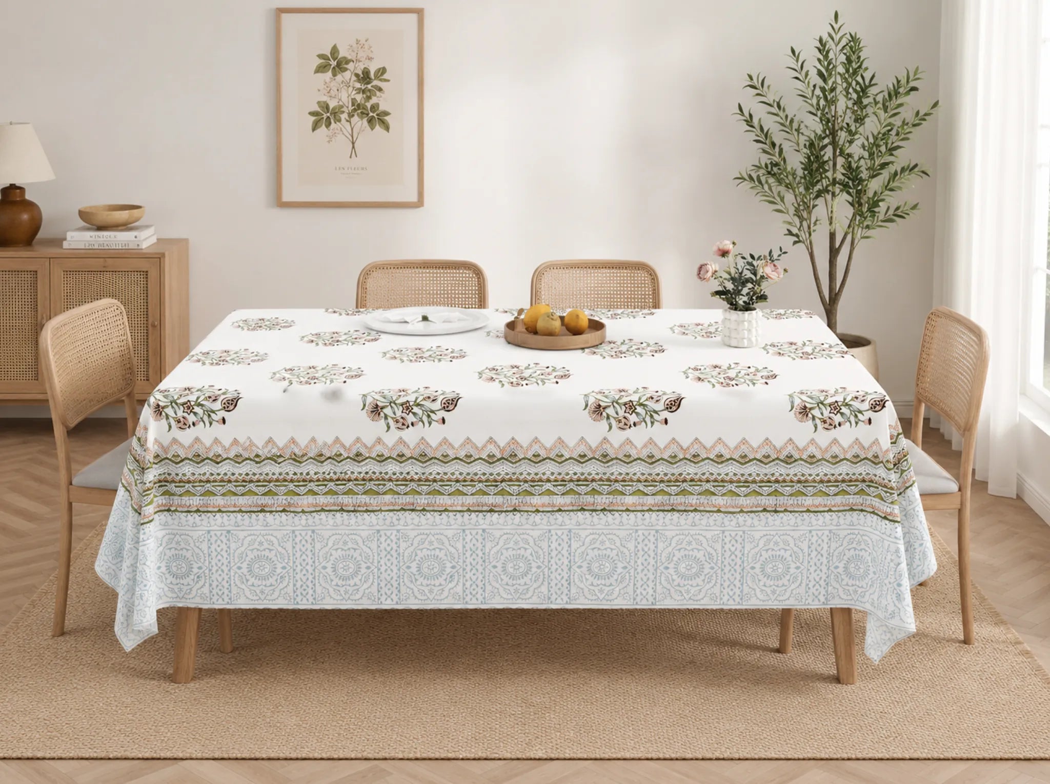 Olive Meadow - Linen & Loom Rajwada Heritage 6-Seater Table Cover | 100% Premium Cotton Slub | 200 TC | 160 GSM | 1.5 x 2.25 Meters