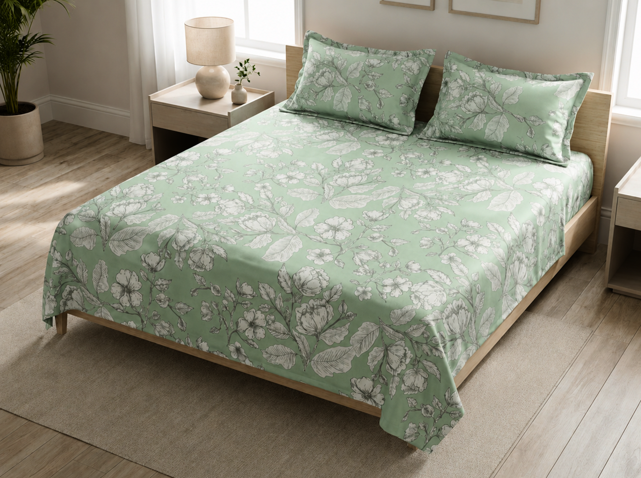 Botanical Whisper - Urban Bloom Poly-Cotton Queen Size Bedsheet Set (90x100 Inches) with 2 Matching Pillow Covers - Wrinkle-Free Comfort