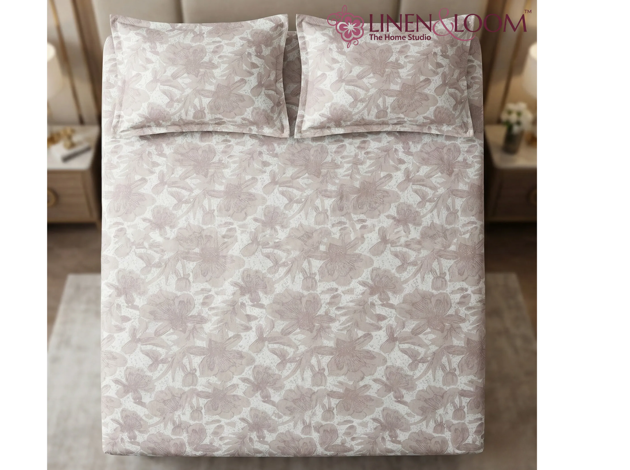 Calm Botanica - Linen & Loom Serenity Series Super King Size (108x108 inches) Double Bedsheet with 2 Pillow Covers || Soft Breathable Cotton Feel Bedding Set with Elegant Geometric Design || TC 240