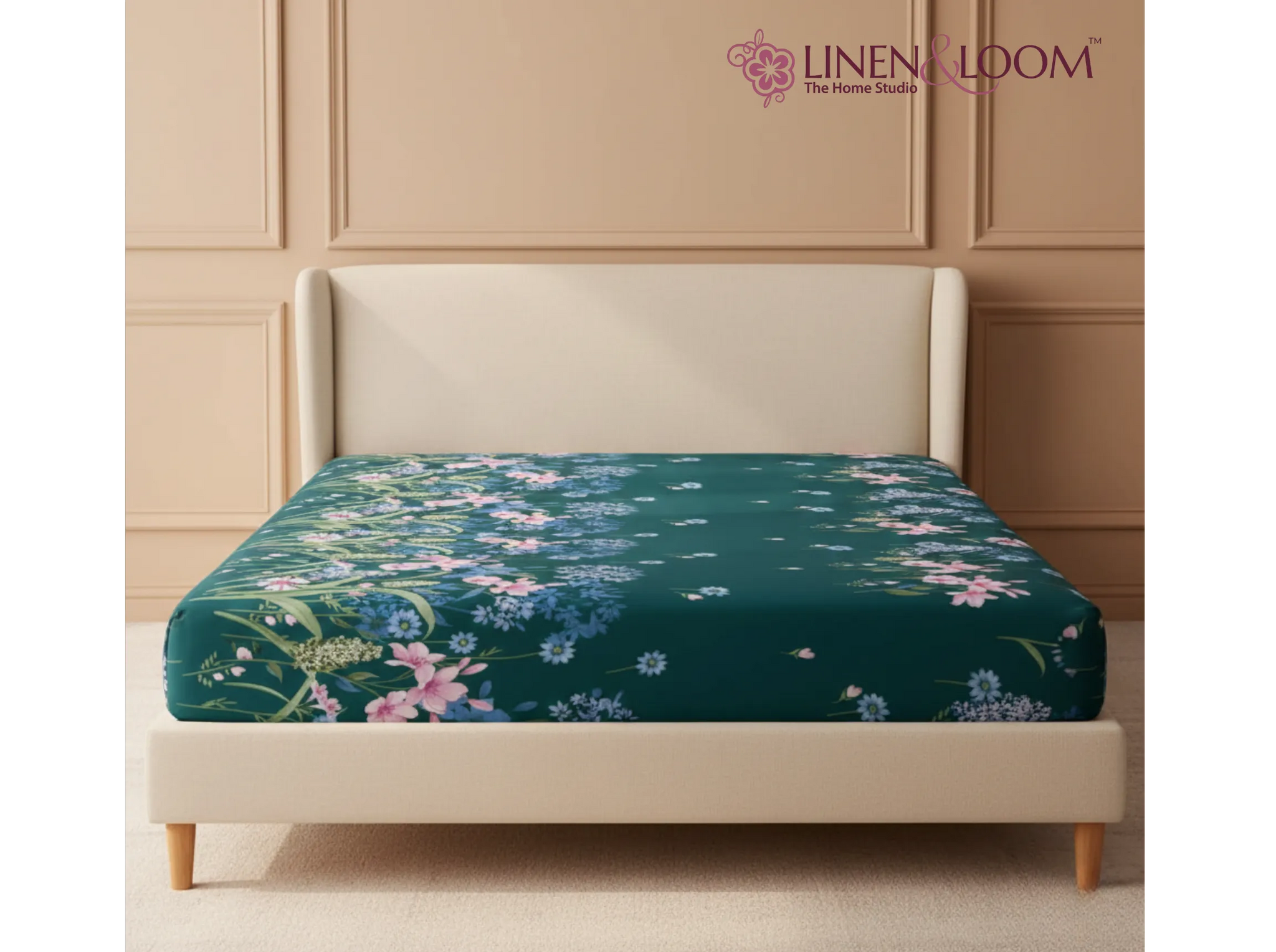 Midnight Meadow - Linen & Loom Pure Comfort Series 360° Elastic Fitted Bedsheet | Soft and Comfortable Bed Linen Set for a Cozy Bedroom | 200 TC | King Size 72x78 inches + 9 inches