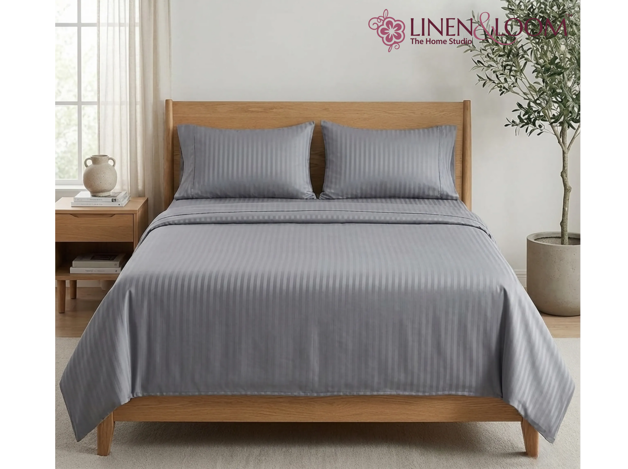 Grey - Linen & Loom Elegance Series Super King Size Bedsheet with 2 Pillow Covers | Luxury Striped Cotton Blend Bedsheet Set 200 TC | Soft, Breathable & Hotel-Style Finish (108 x 108 inches)