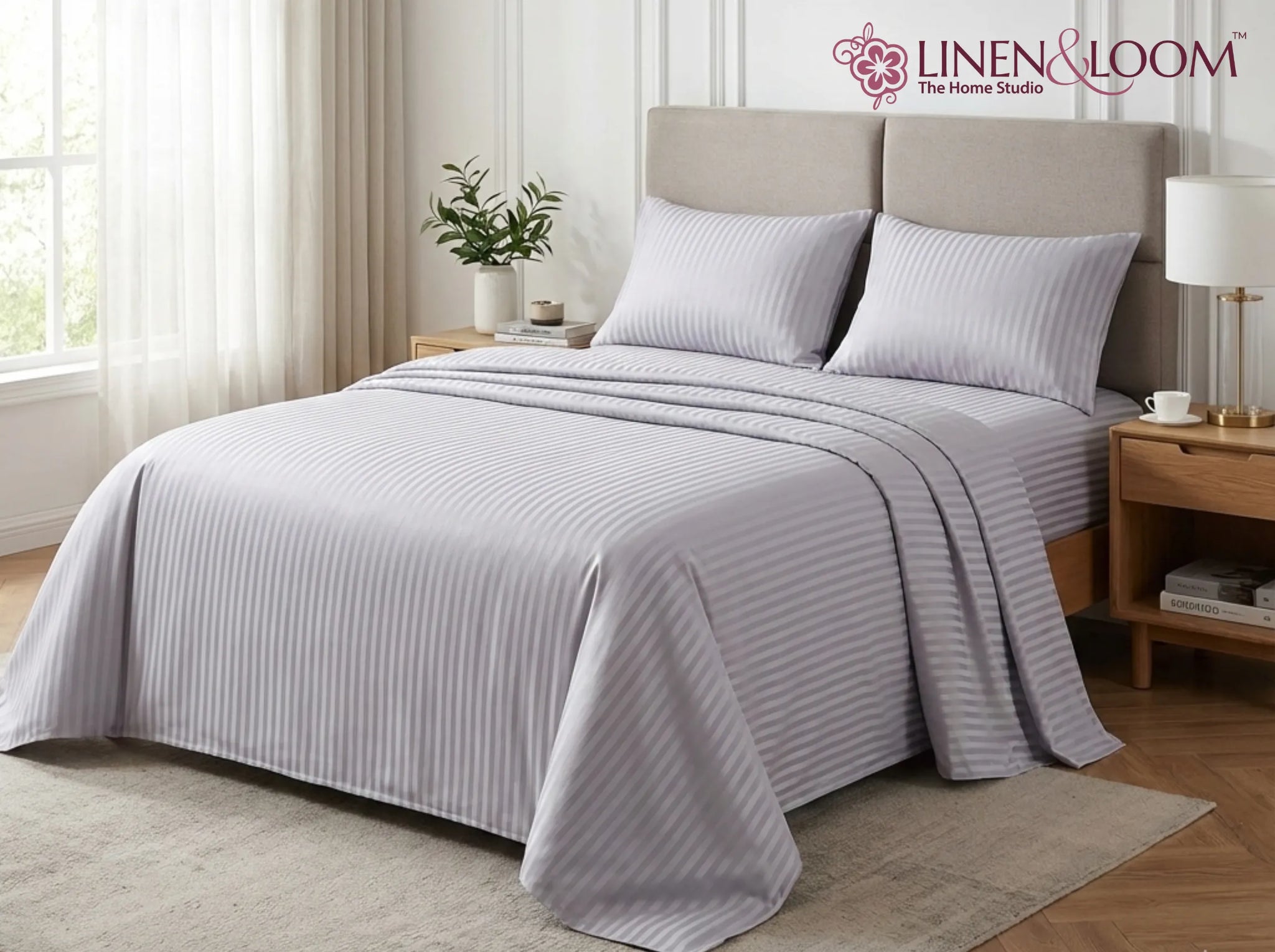 Light grey - Linen & Loom Elegance Series Super King Size Bedsheet with 2 Pillow Covers | Luxury Striped Cotton Blend Bedsheet Set 200 TC | Soft, Breathable & Hotel-Style Finish (108 x 108 inches)