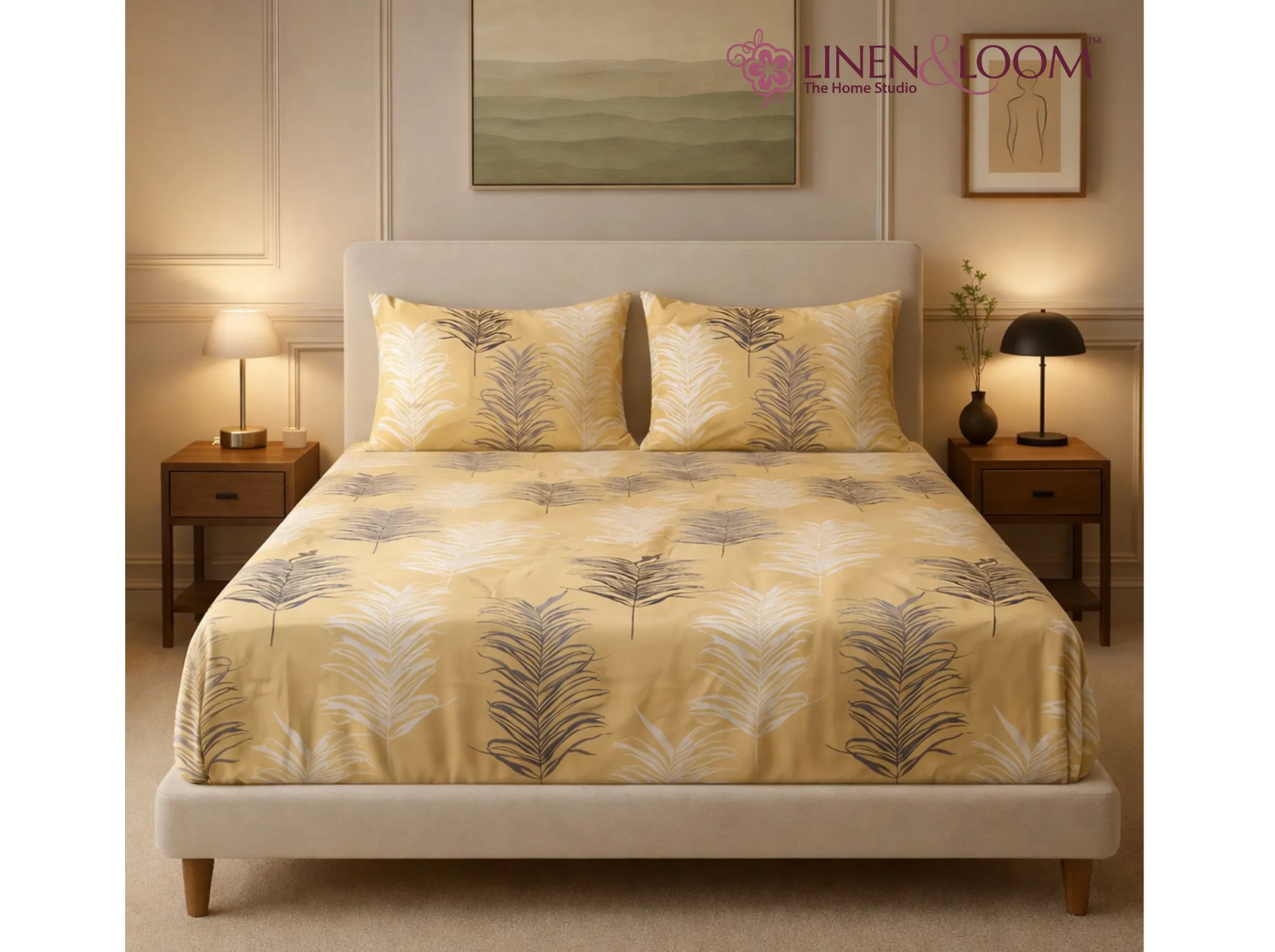 Golden Amber Motif - Linen & Loom Pure Comfort Series 360° Elastic Fitted Bedsheet | Soft and Comfortable Bed Linen Set for a Cozy Bedroom | 200 TC | King Size 72x78 inches + 9 inches