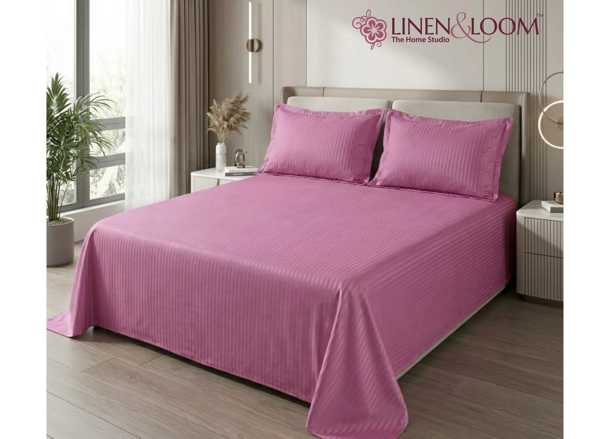 Rose Pink - Linen & Loom Elegance Series Super King Size Bedsheet with 2 Pillow Covers | Luxury Striped Cotton Blend Bedsheet Set 200 TC | Soft, Breathable & Hotel-Style Finish (108 x 108 inches)