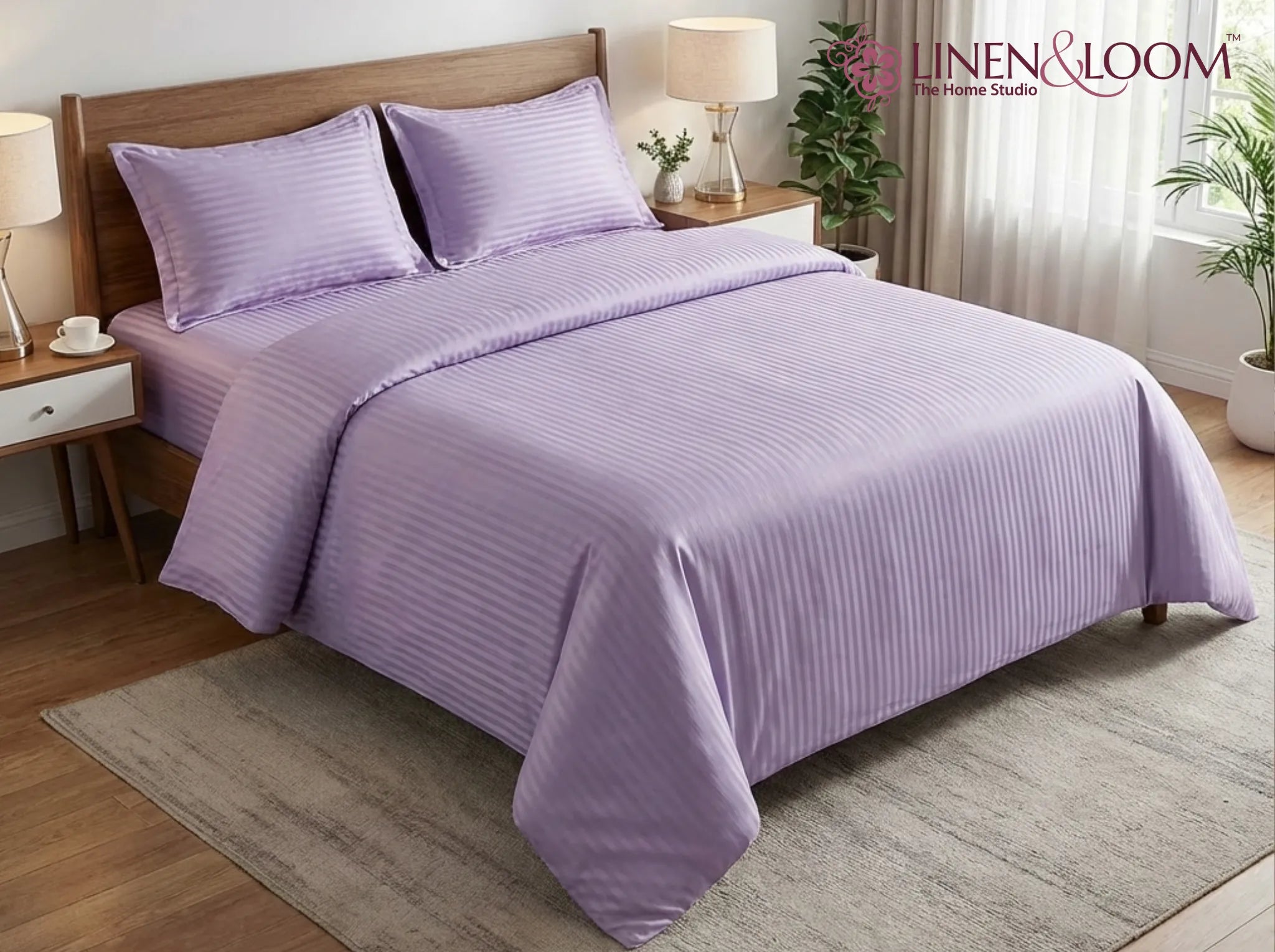 Lavender - Linen & Loom Elegance Series Super King Size Bedsheet with 2 Pillow Covers | Luxury Striped Cotton Blend Bedsheet Set 200 TC | Soft, Breathable & Hotel-Style Finish (108 x 108 inches)