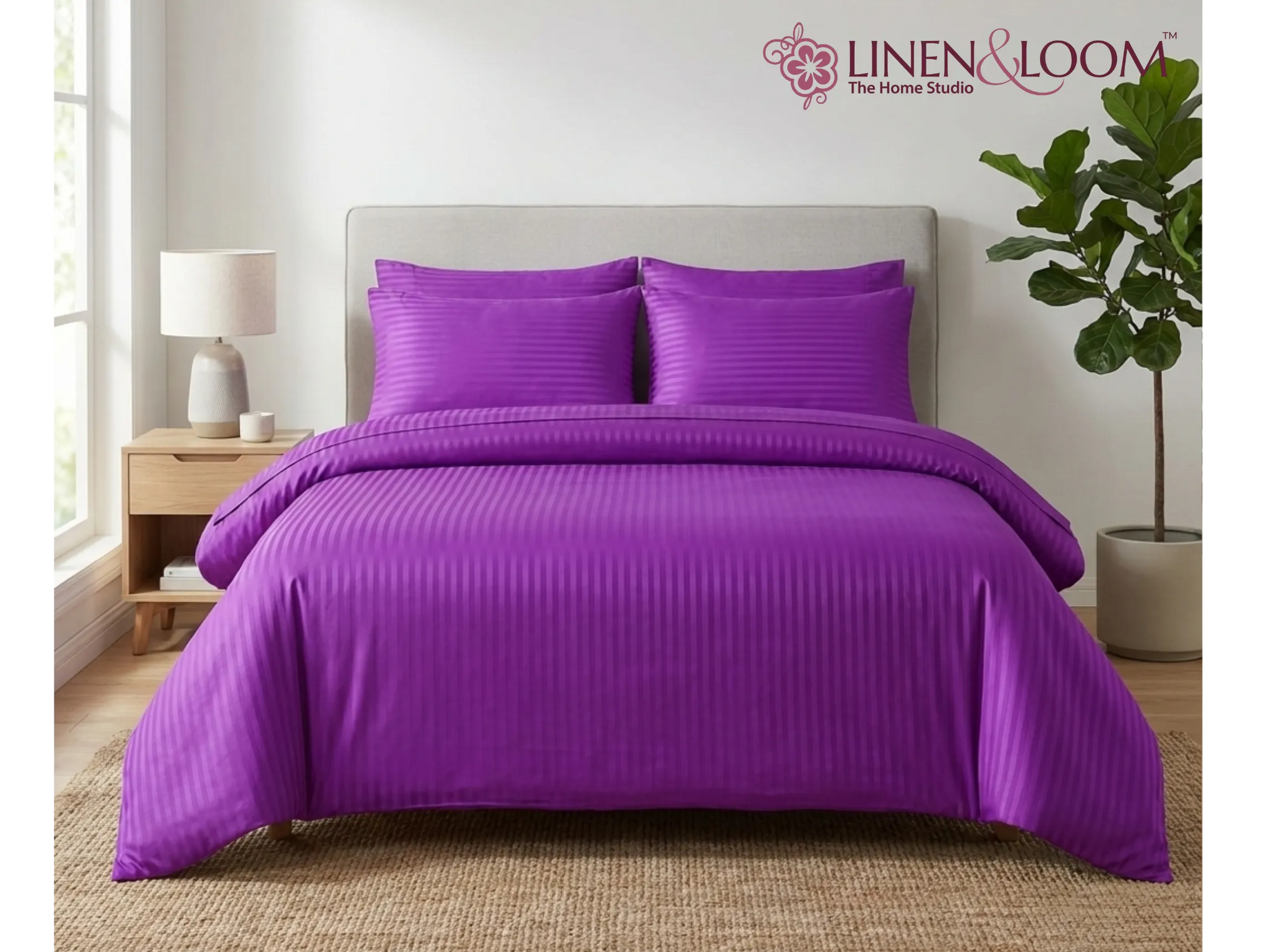 Purple - Linen & Loom Elegance Series Super King Size Bedsheet with 2 Pillow Covers | Luxury Striped Cotton Blend Bedsheet Set 200 TC | Soft, Breathable & Hotel-Style Finish (108 x 108 inches)