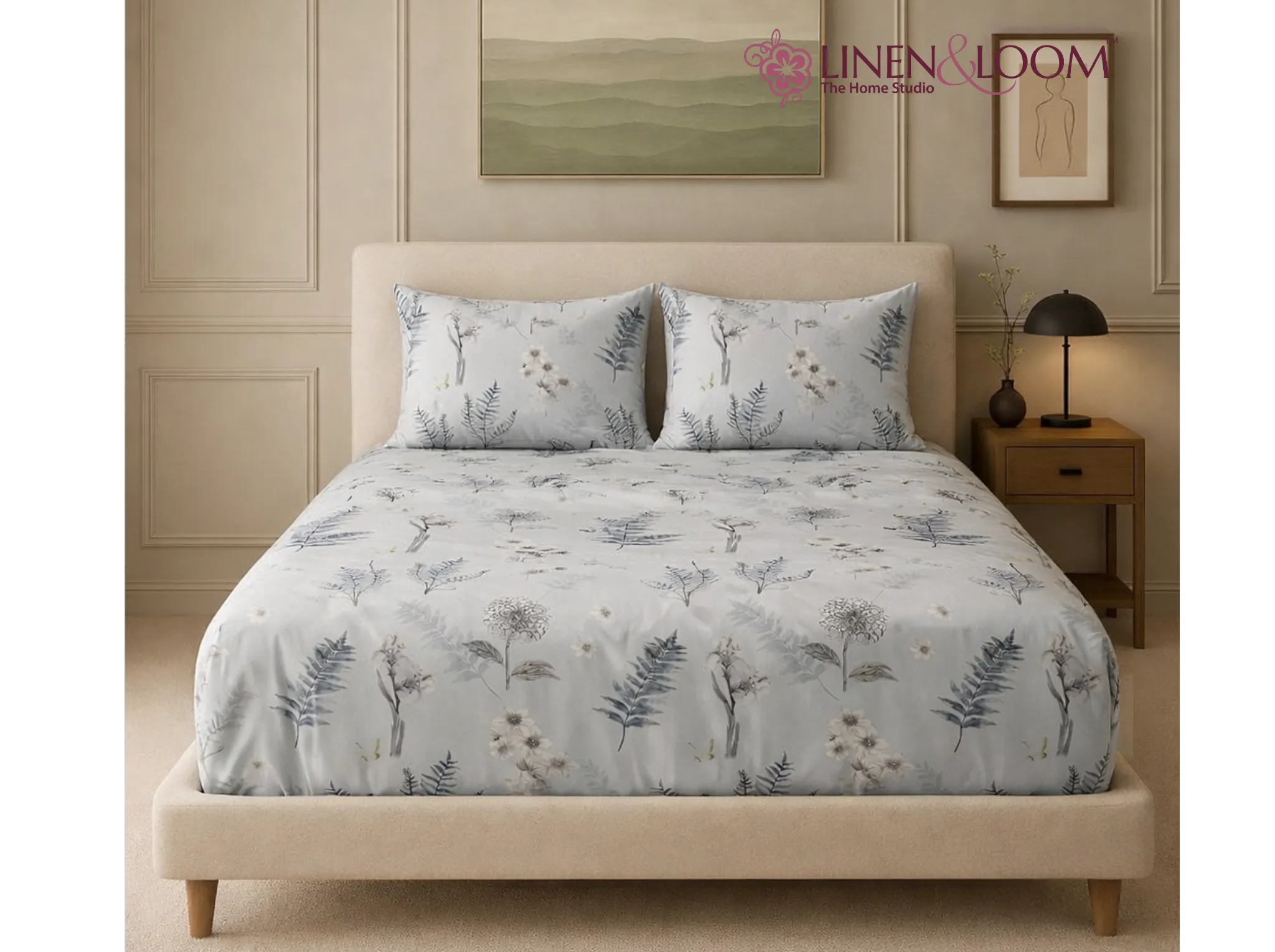 Frosted Fern - Linen & Loom Pure Comfort Series 360° Elastic Fitted Bedsheet | Soft and Comfortable Bed Linen Set for a Cozy Bedroom | 200 TC | King Size 72x78 inches + 9 inches