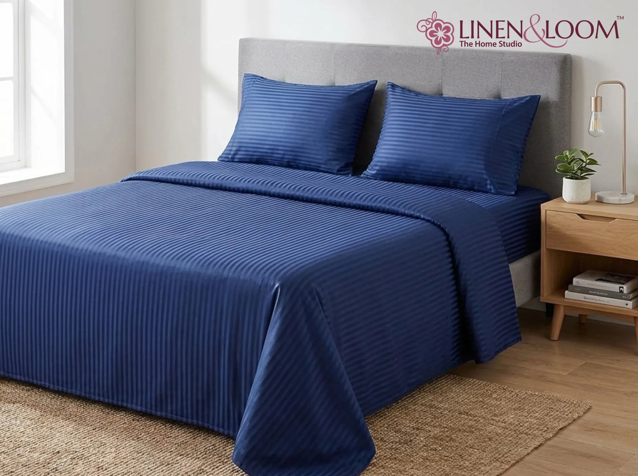 Navy blue - Linen & Loom Elegance Series Super King Size Bedsheet with 2 Pillow Covers | Luxury Striped Cotton Blend Bedsheet Set 200 TC | Soft, Breathable & Hotel-Style Finish (108 x 108 inches)