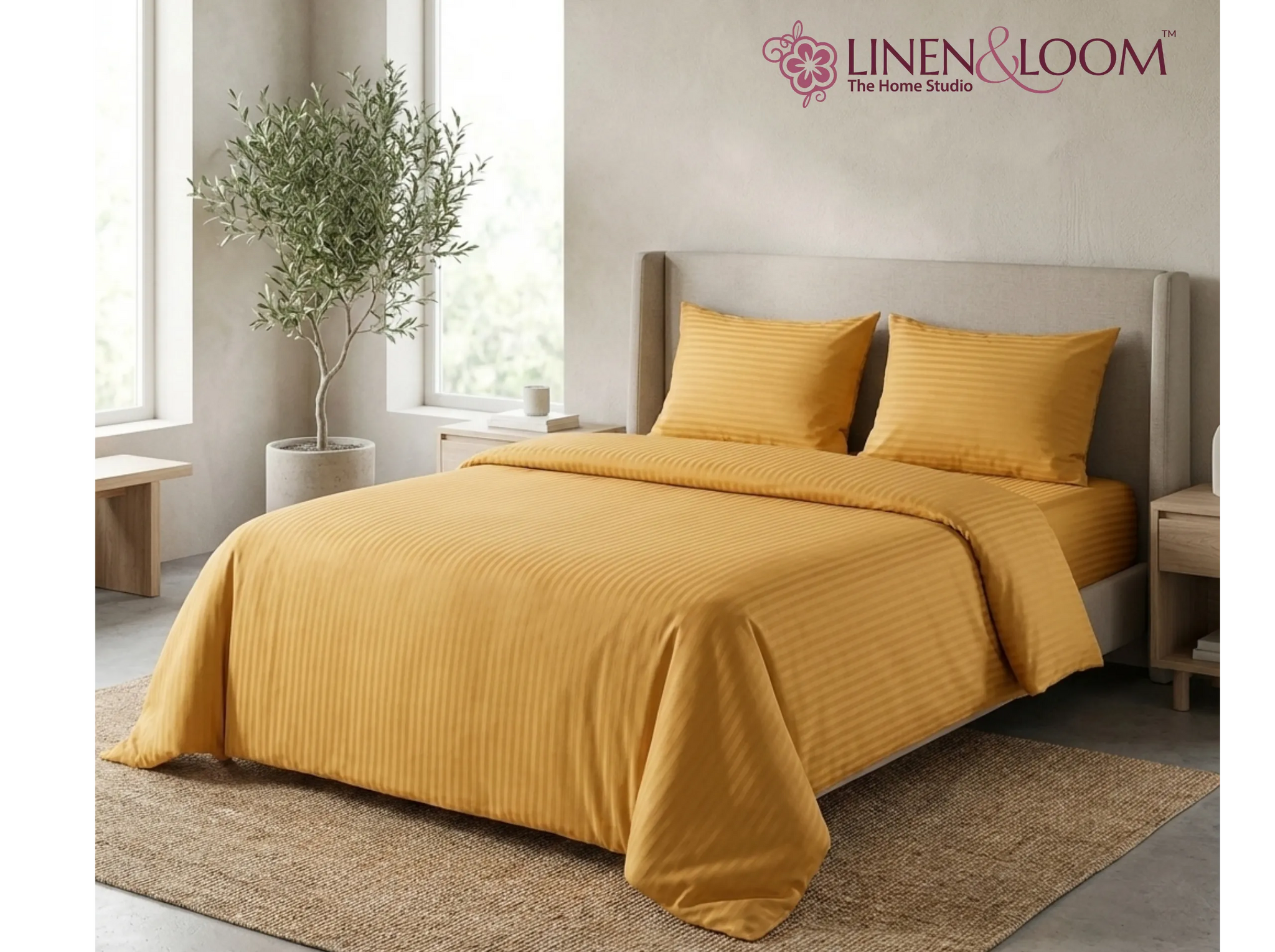 Mustard - Linen & Loom Elegance Series Super King Size Bedsheet with 2 Pillow Covers | Luxury Striped Cotton Blend Bedsheet Set 200 TC | Soft, Breathable & Hotel-Style Finish (108 x 108 inches)