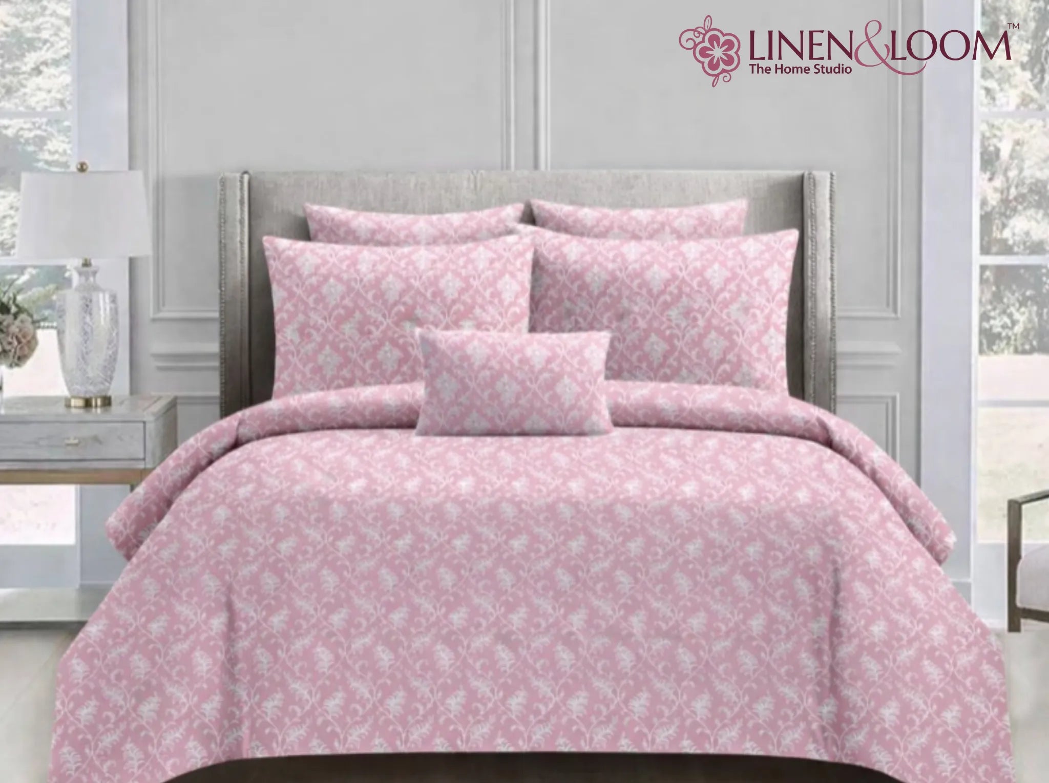 Powder Rose Garden - Linen & Loom Serenity Series Super King Size (108x108 inches) Double Bedsheet with 2 Pillow Covers || Soft Breathable Cotton Feel Bedding Set with Elegant Geometric Design || TC 240