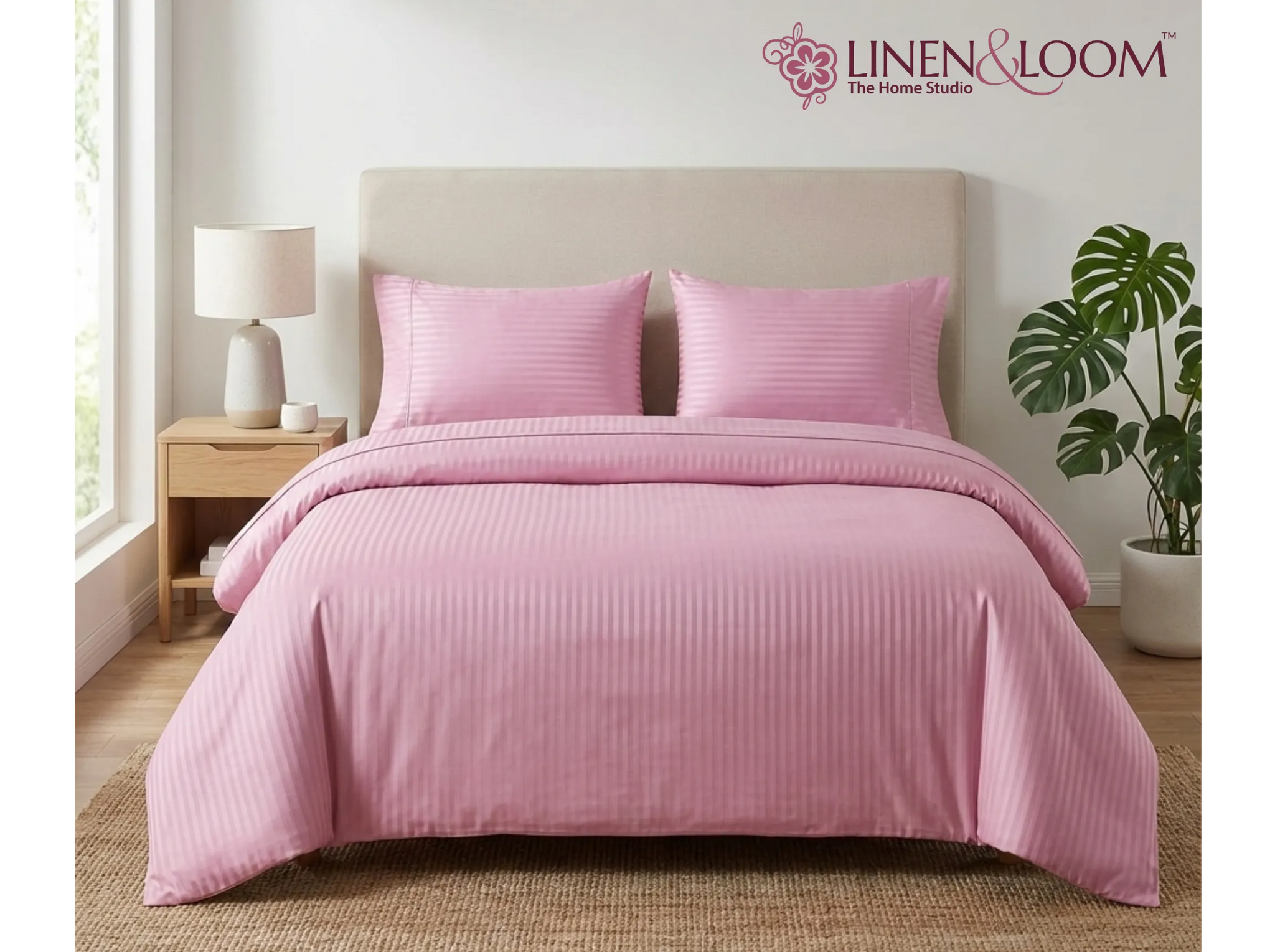 Pink - Linen & Loom Elegance Series Super King Size Bedsheet with 2 Pillow Covers | Luxury Striped Cotton Blend Bedsheet Set 200 TC | Soft, Breathable & Hotel-Style Finish (108 x 108 inches)