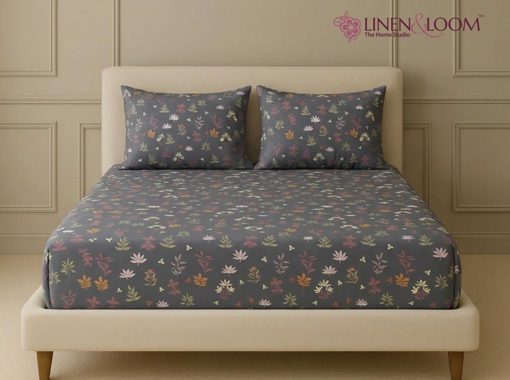 Midnight Sprig - Linen & Loom Pure Comfort Series 360° Elastic Fitted Bedsheet | Soft and Comfortable Bed Linen Set for a Cozy Bedroom | 200 TC | King Size 72x78 inches + 9 inches