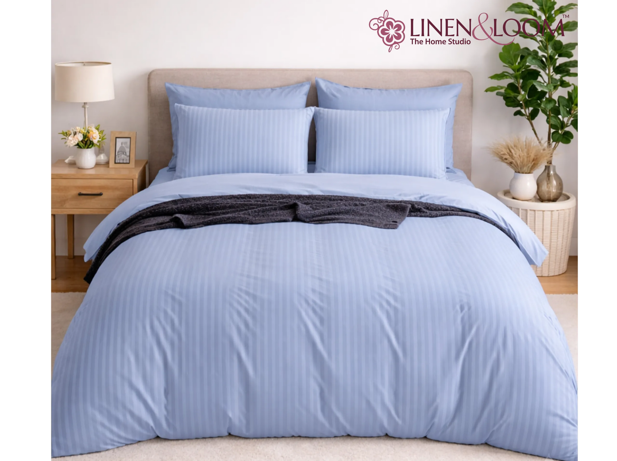 Powder blue - Linen & Loom Elegance Series Super King Size Bedsheet with 2 Pillow Covers | Luxury Striped Cotton Blend Bedsheet Set 200 TC | Soft, Breathable & Hotel-Style Finish (108 x 108 inches)