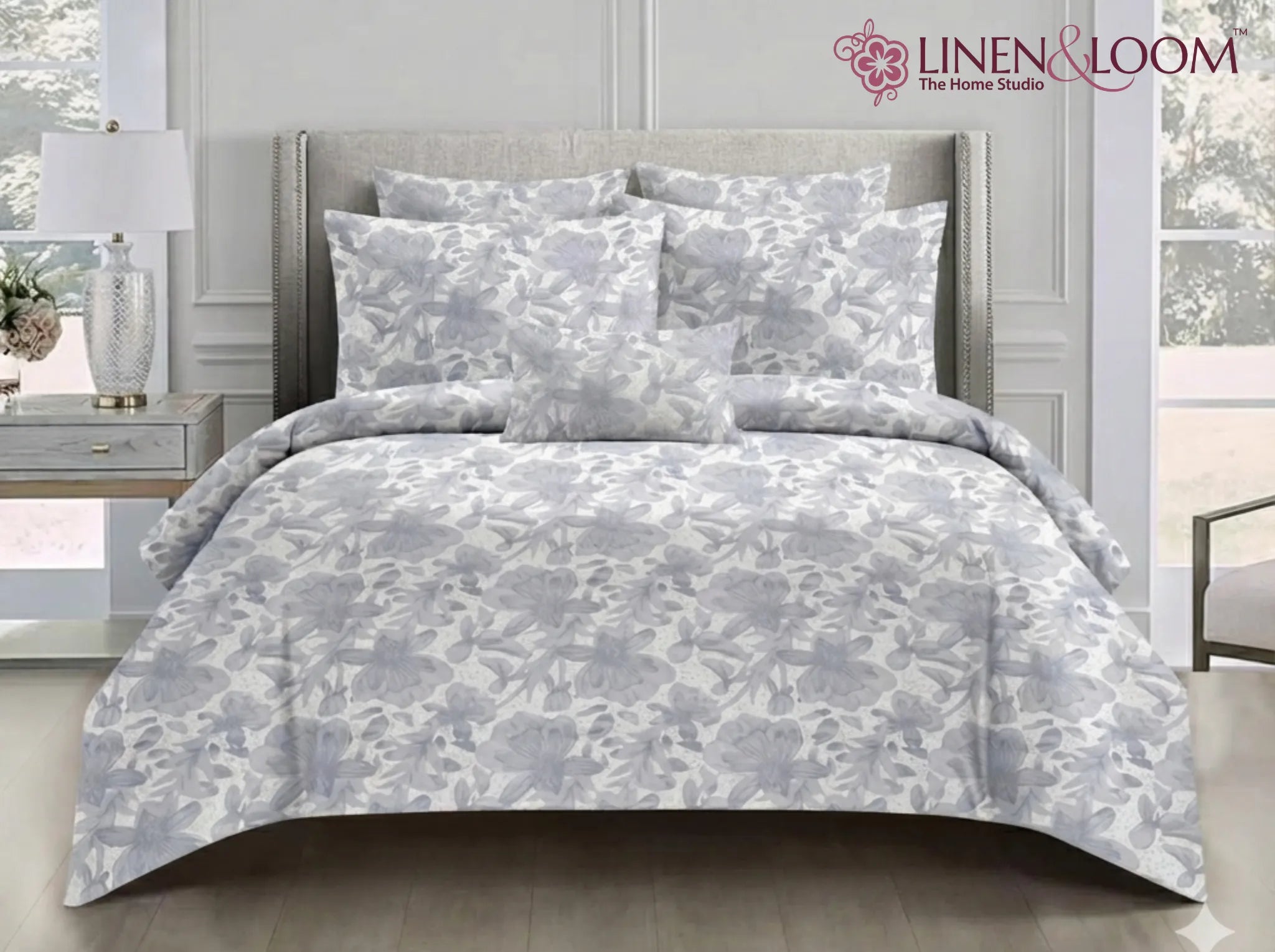 Serene Silver Garden - Linen & Loom Serenity Series Super King Size (108x108 inches) Double Bedsheet with 2 Pillow Covers || Soft Breathable Cotton Feel Bedding Set with Elegant Geometric Design || TC 240