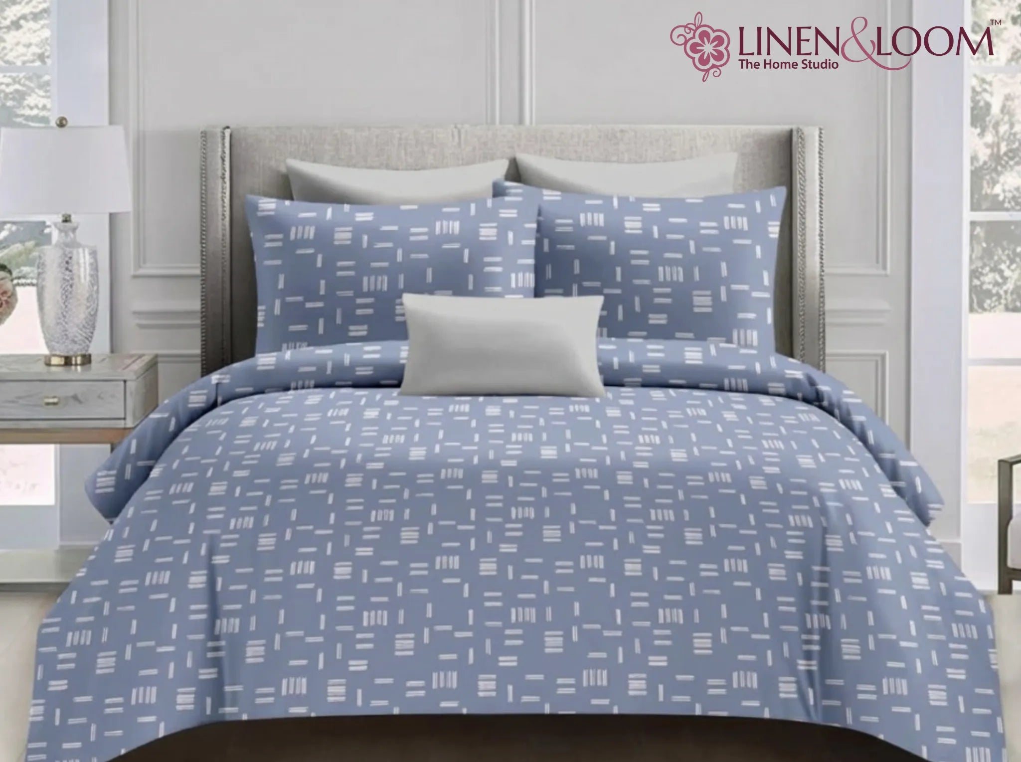 Indigo Dash - Linen & Loom Serenity Series Super King Size (108x108 inches) Double Bedsheet with 2 Pillow Covers || Soft Breathable Cotton Feel Bedding Set with Elegant Geometric Design || TC 240