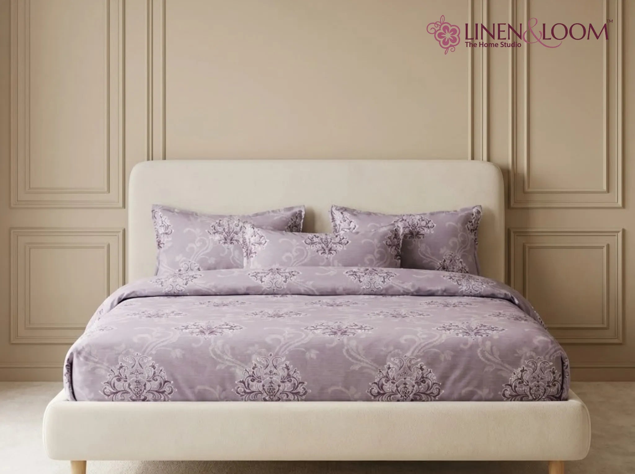 Lavender Damask - Linen & Loom Pure Comfort Series 360° Elastic Fitted Bedsheet | Soft and Comfortable Bed Linen Set for a Cozy Bedroom | 200 TC | King Size 72x78 inches + 9 inches