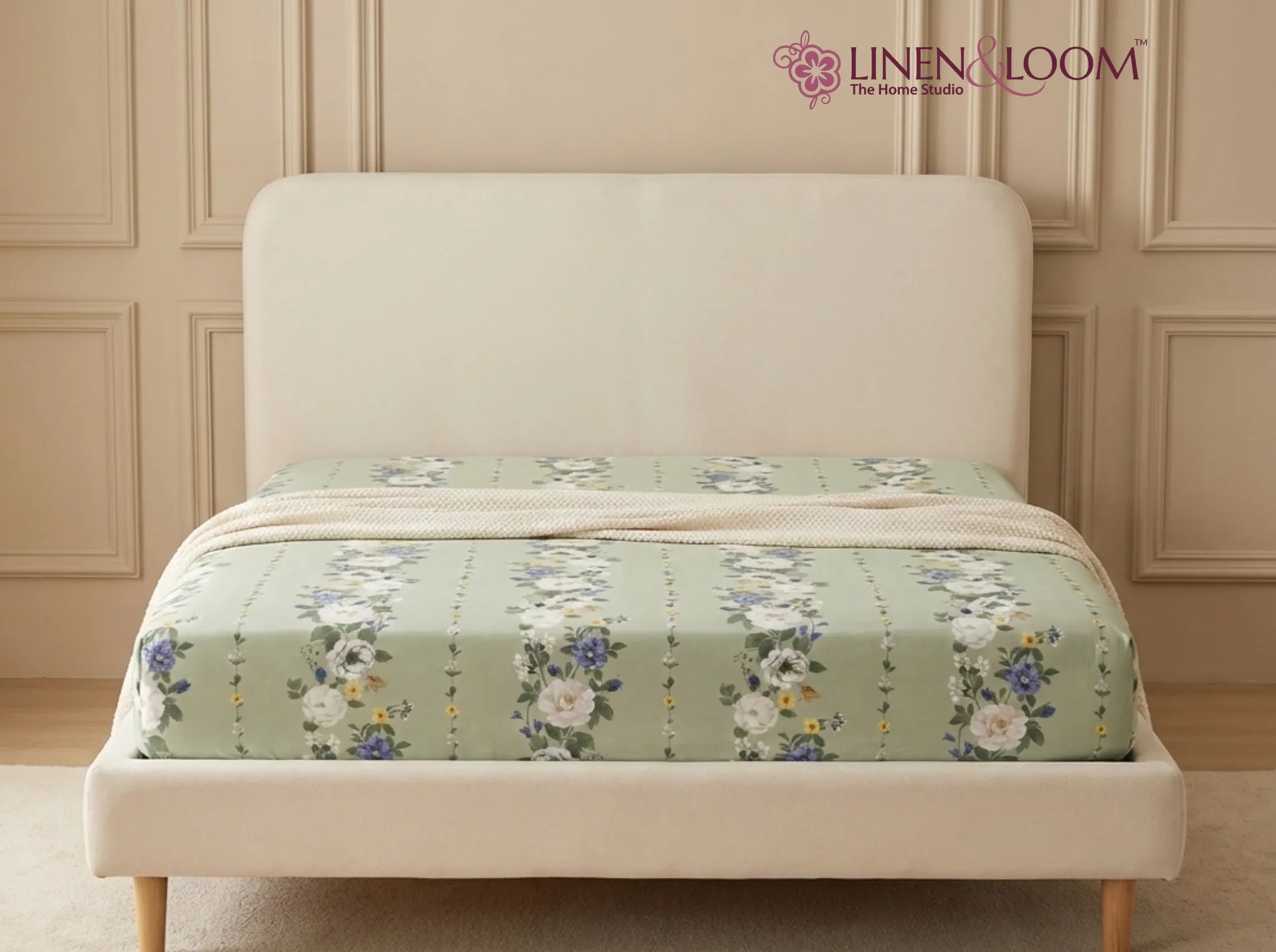 Sage Bloom - Linen & Loom Pure Comfort Series 360° Elastic Fitted Bedsheet | Soft and Comfortable Bed Linen Set for a Cozy Bedroom | 200 TC | King Size 72x78 inches + 9 inches
