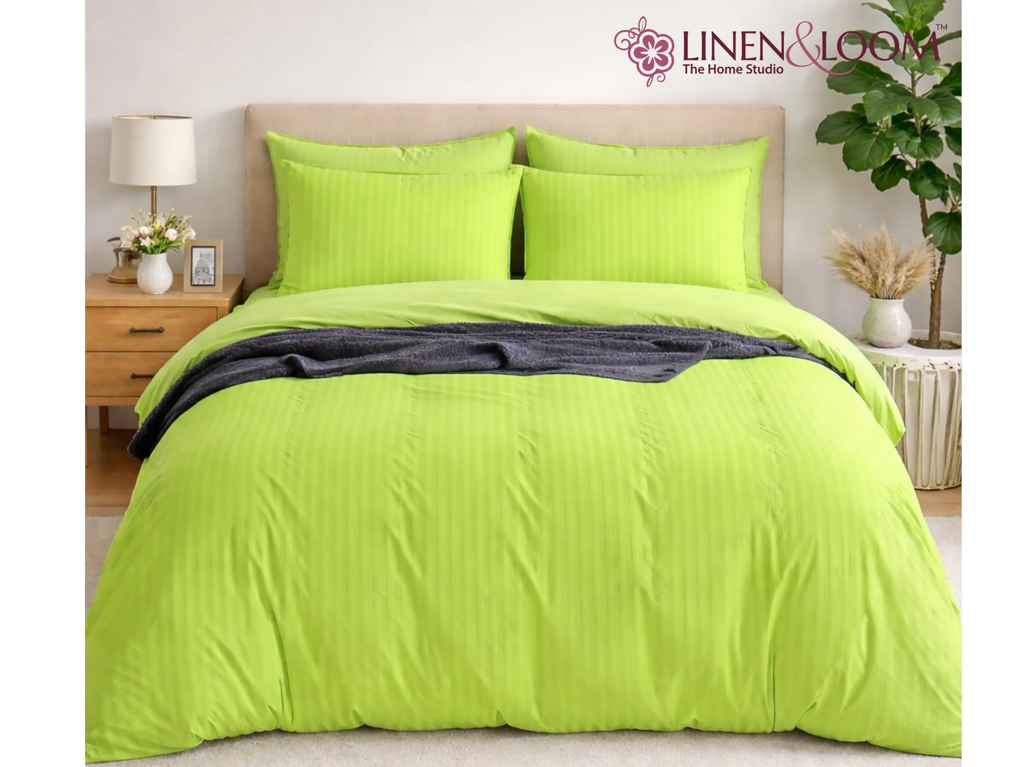 Neon green - Linen & Loom Elegance Series Super King Size Bedsheet with 2 Pillow Covers | Luxury Striped Cotton Blend Bedsheet Set 200 TC | Soft, Breathable & Hotel-Style Finish (108 x 108 inches)
