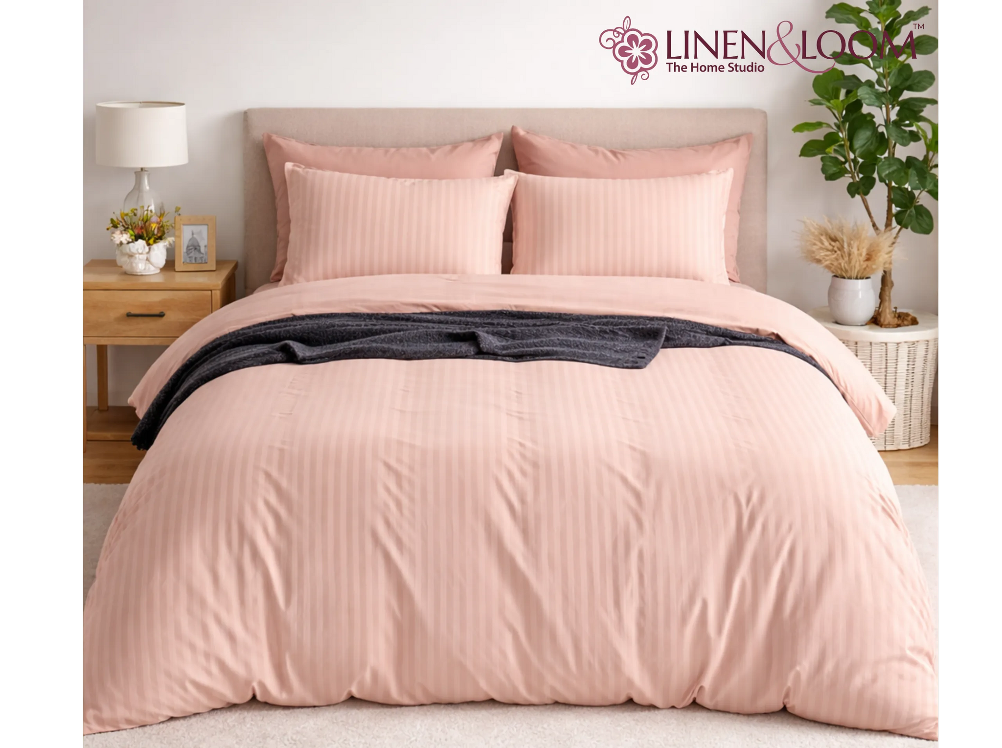 Peach - Linen & Loom Elegance Series Super King Size Bedsheet with 2 Pillow Covers | Luxury Striped Cotton Blend Bedsheet Set 200 TC | Soft, Breathable & Hotel-Style Finish (108 x 108 inches)