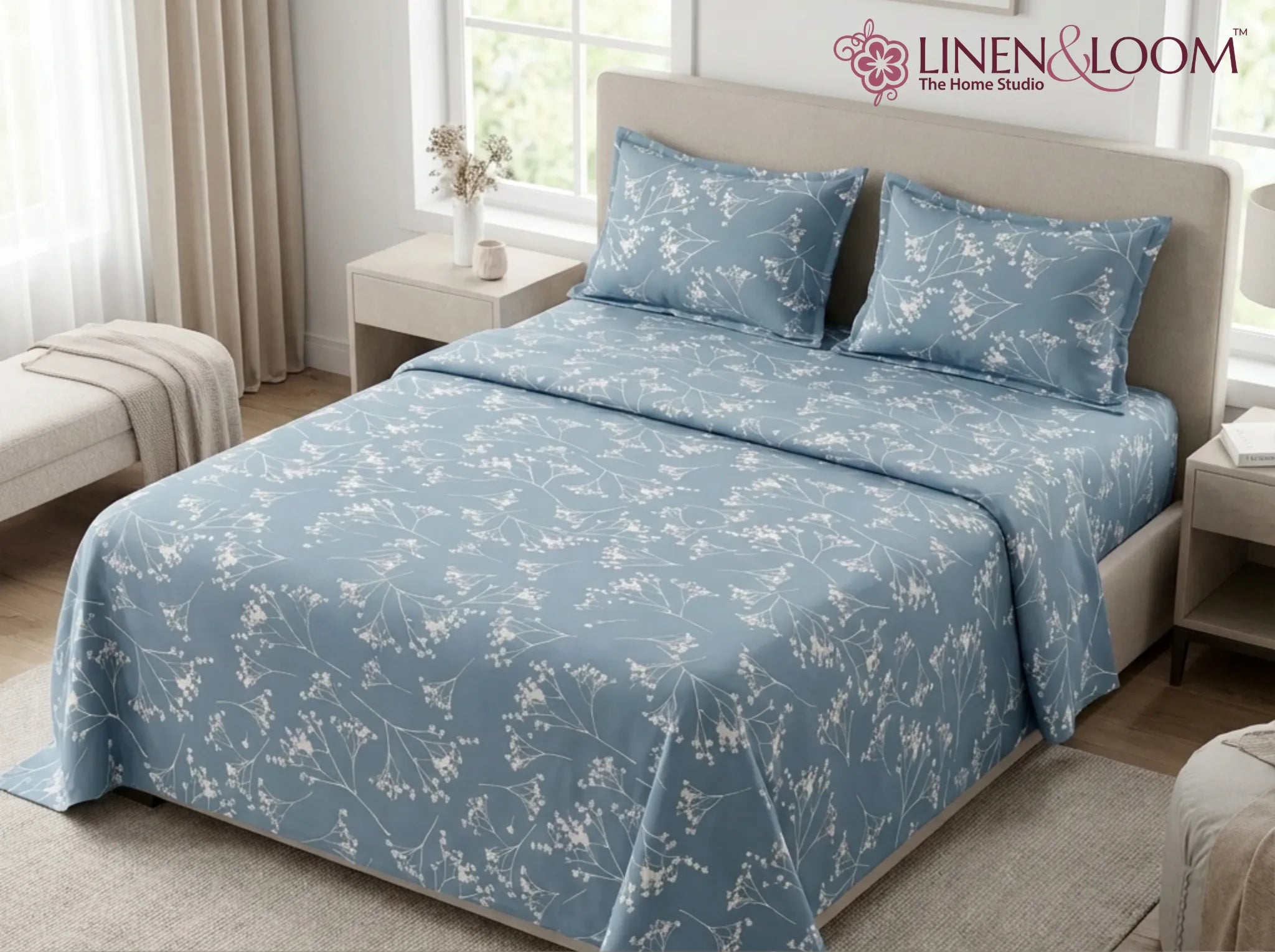 Tranquil Blue Sprigs - Linen & Loom Serenity Series Super King Size (108x108 inches) Double Bedsheet with 2 Pillow Covers || Soft Breathable Cotton Feel Bedding Set with Elegant Geometric Design || TC 240