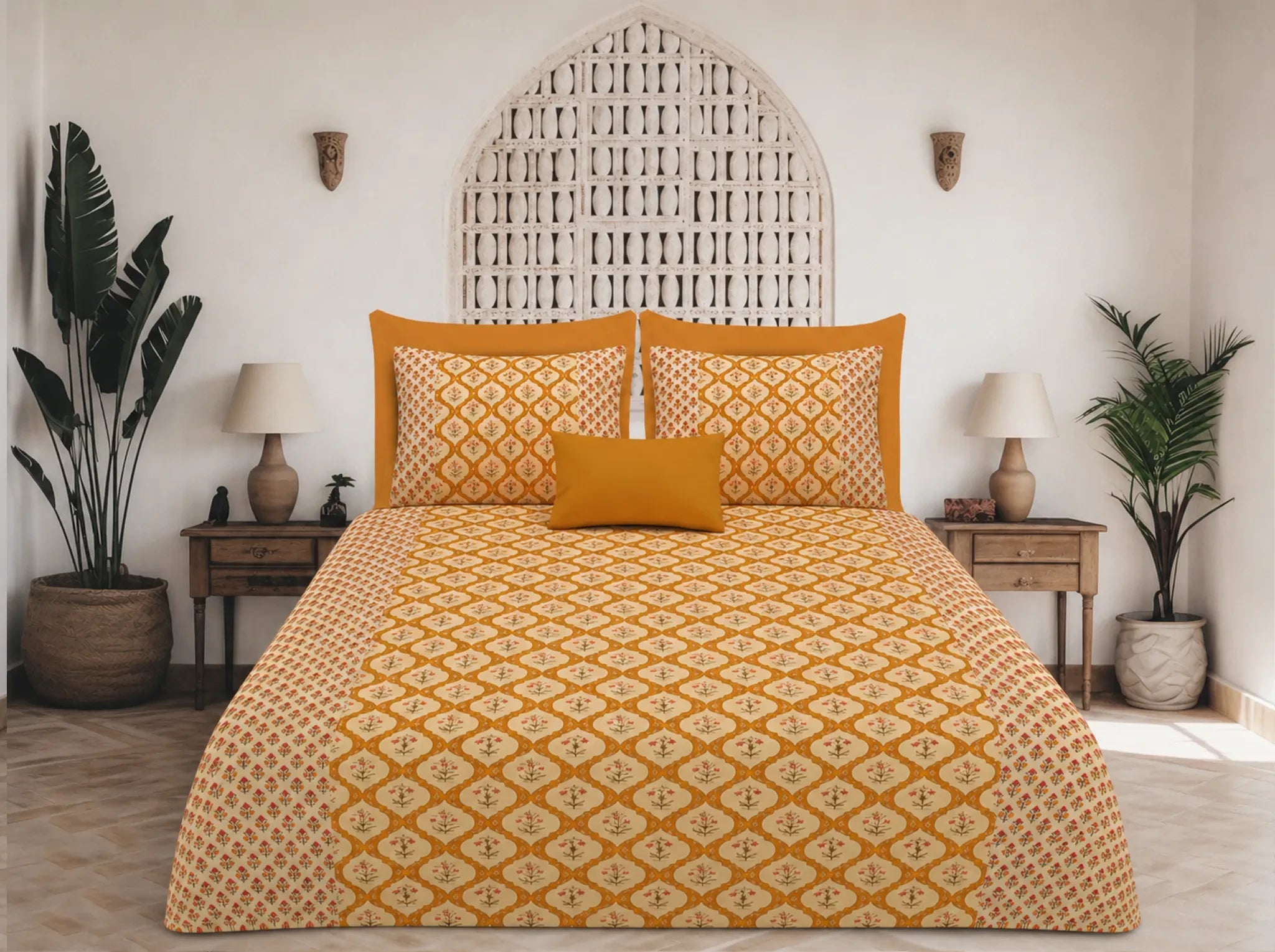 Heritage Vine Mustard — Sanganeri Stories Bedsheet | Linen & Loom