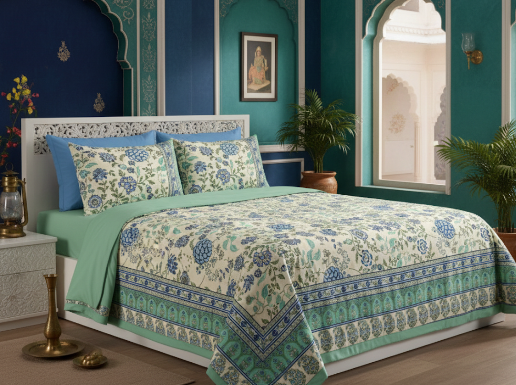 Virasat Luxe - Blue — Linen & Loom Jaipur Heritage Super King Size (108 x 108 inches) 100% Pure Cotton Bedsheet with 2 Pillow Covers | Soft & Breathable Bed Cover for Home Decor | 240 TC