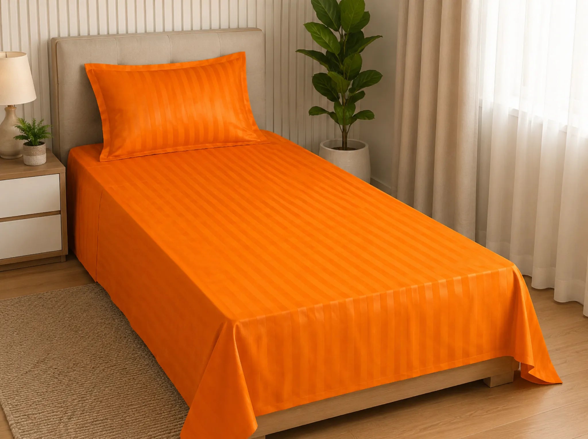 Orange - Linen & Loom Elegance Series (60x90 inches) Bedsheet with 1 Pillow Cover | Luxury Striped Cotton Blend Bedsheet Set | Soft, Breathable & Hotel-Style Finish | TC 200