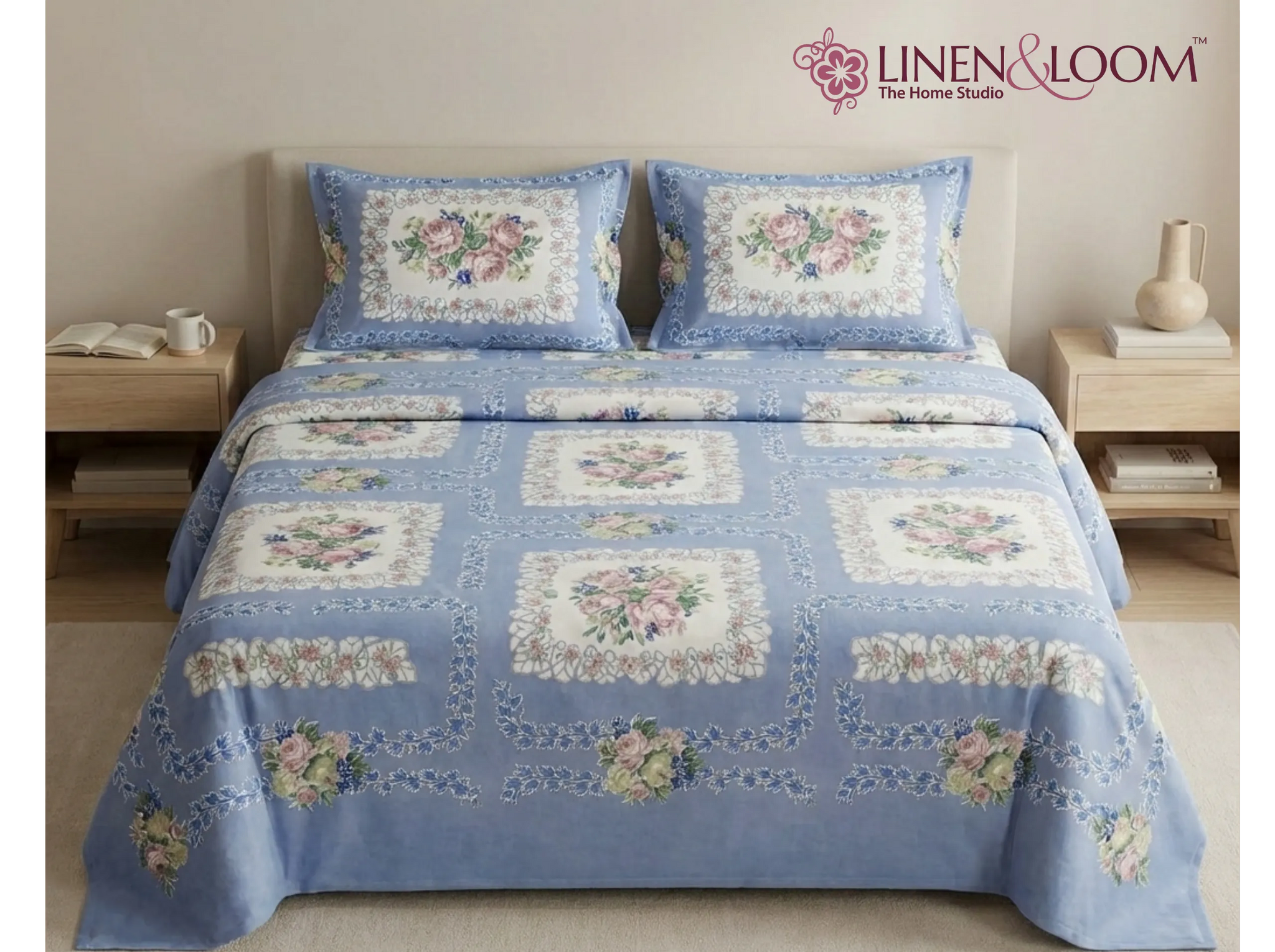 English Rose Lavender - Linen & Loom Natural Collection - Super King (100x108) 100% Pure Cotton Bedsheet with 2 Pillow Covers | Soft Breathable Bedspread for Home Decor | TC 240