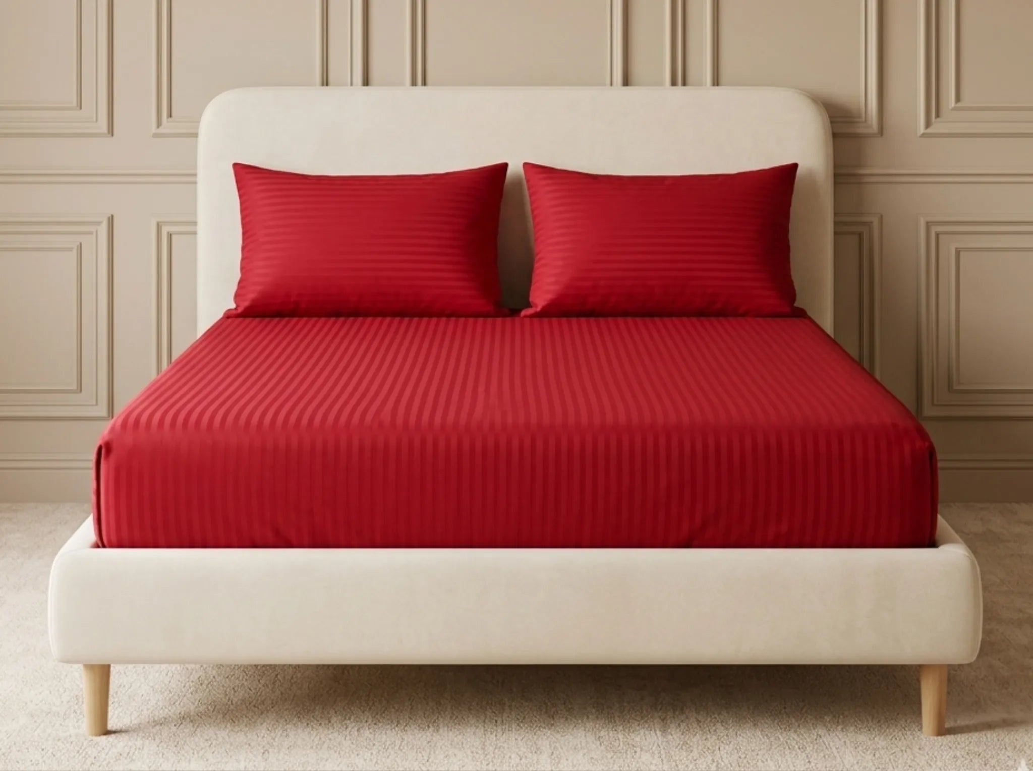 Bright Red - Linen & Loom Elegance King Size 360° Fitted (72X78 + 9 inches) Elasticated Bedsheet | Elegant Satin Stripes | No-Slip Design | Snug, Secure Grip | Fits Upto 8 Inch Mattress | 200 TC