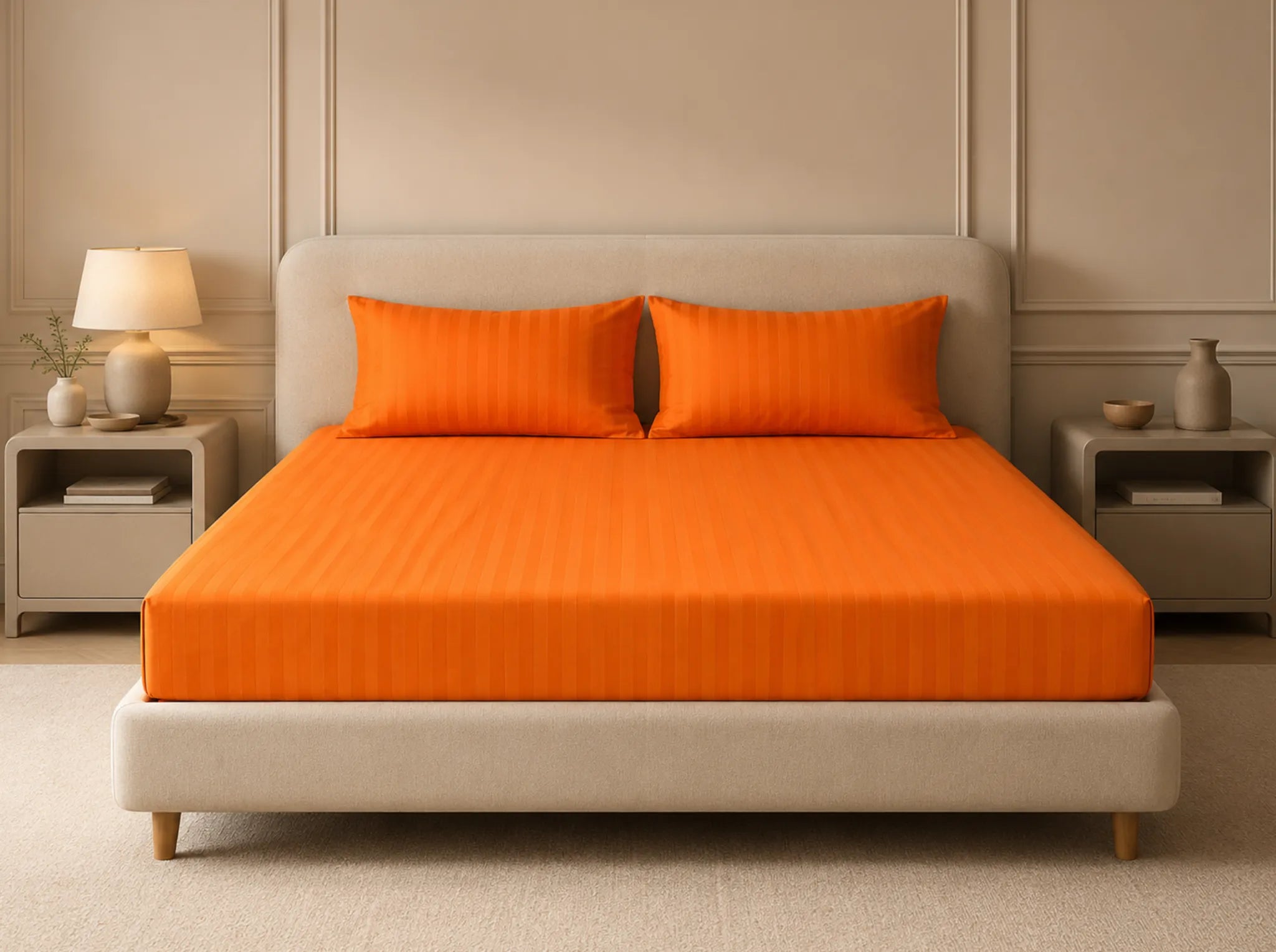 Orange - Linen & Loom Elegance King Size 360° Fitted (72X78 + 9 inches) Elasticated Bedsheet | Elegant Satin Stripes | No-Slip Design | Snug, Secure Grip | Fits Upto 8 Inch Mattress | 200 TC