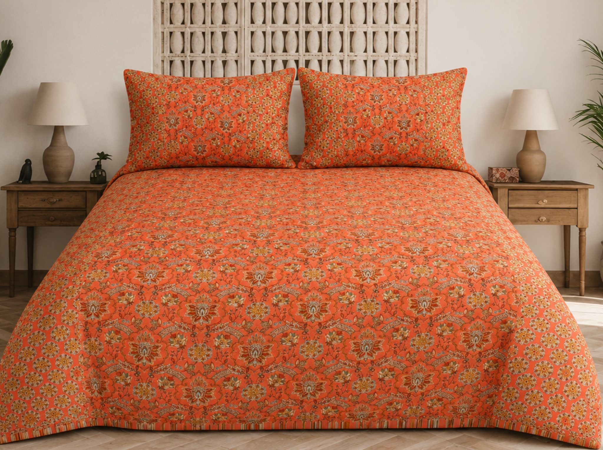 Meher Vista Orange — Sanganeri Stories Bedsheet | Linen & Loom