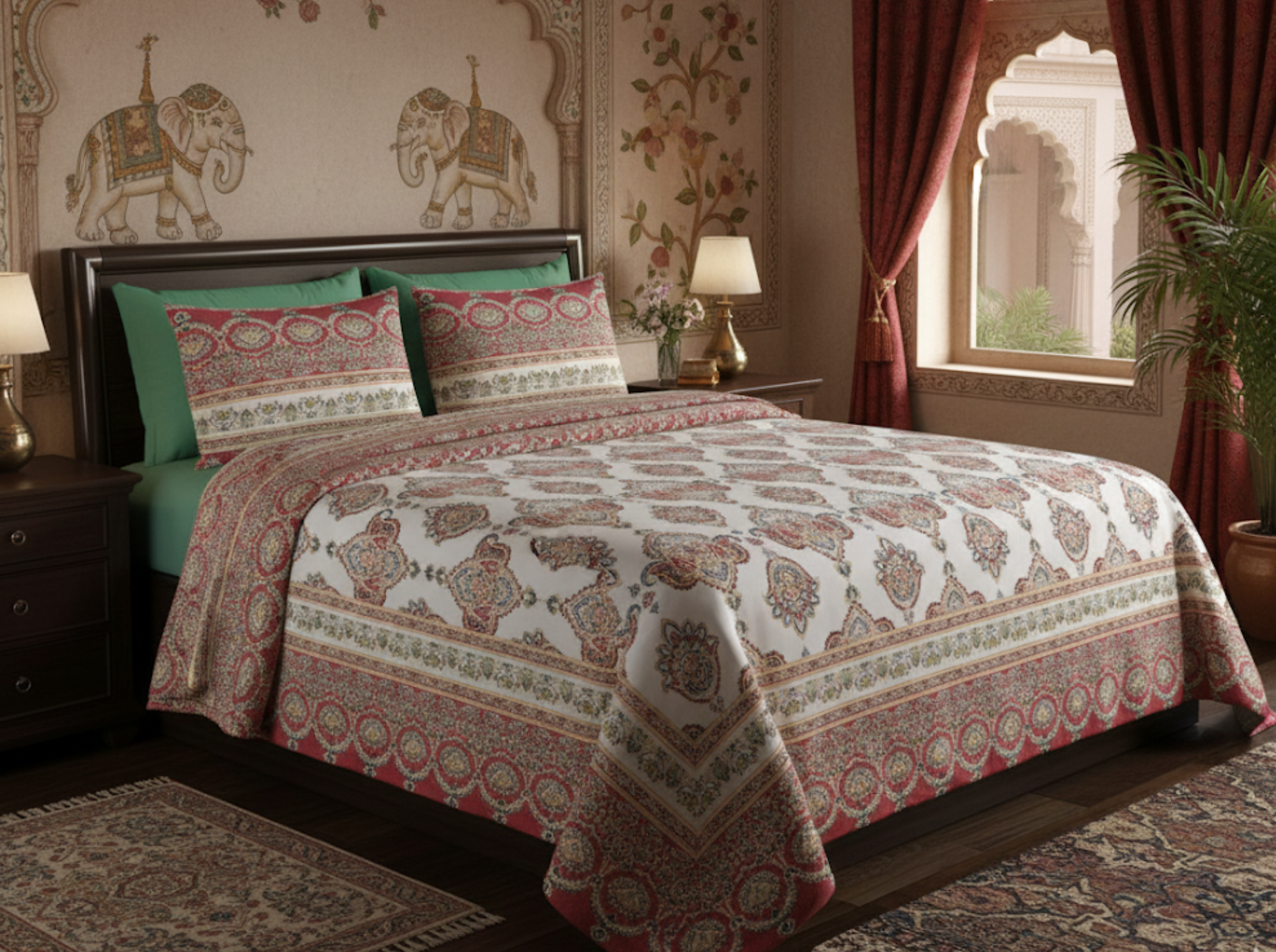 Rang Sutra - Red — Linen & Loom Jaipur Heritage Super King Size (108 x 108 inches) 100% Pure Cotton Bedsheet with 2 Pillow Covers | Soft & Breathable Bed Cover for Home Decor | 240 TC