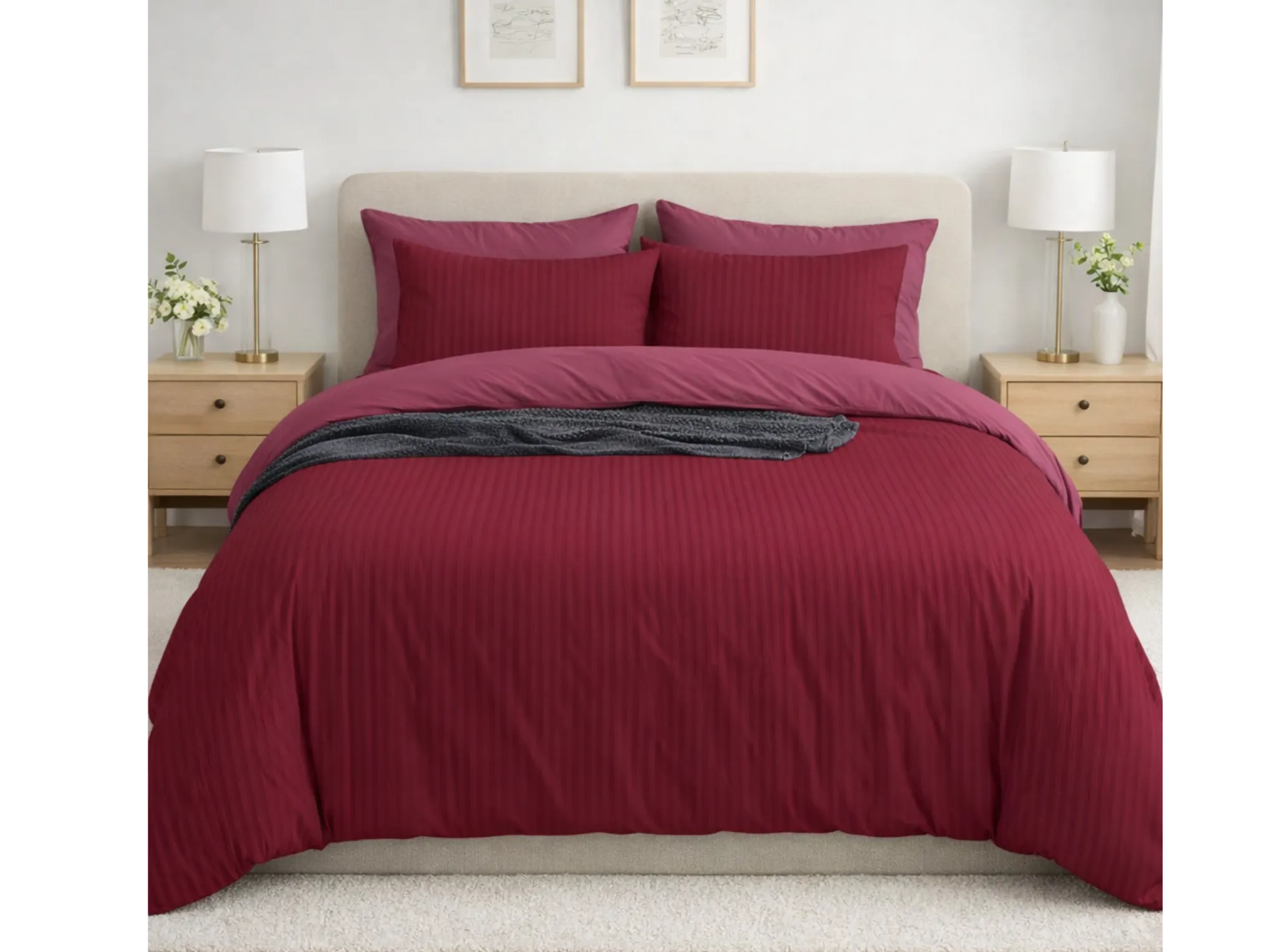 Cherry Red - Linen & Loom Elegance Series Super King Size Bedsheet with 2 Pillow Covers | Luxury Striped Cotton Blend Bedsheet Set 200 TC | Soft, Breathable & Hotel-Style Finish (108 x 108 inches)