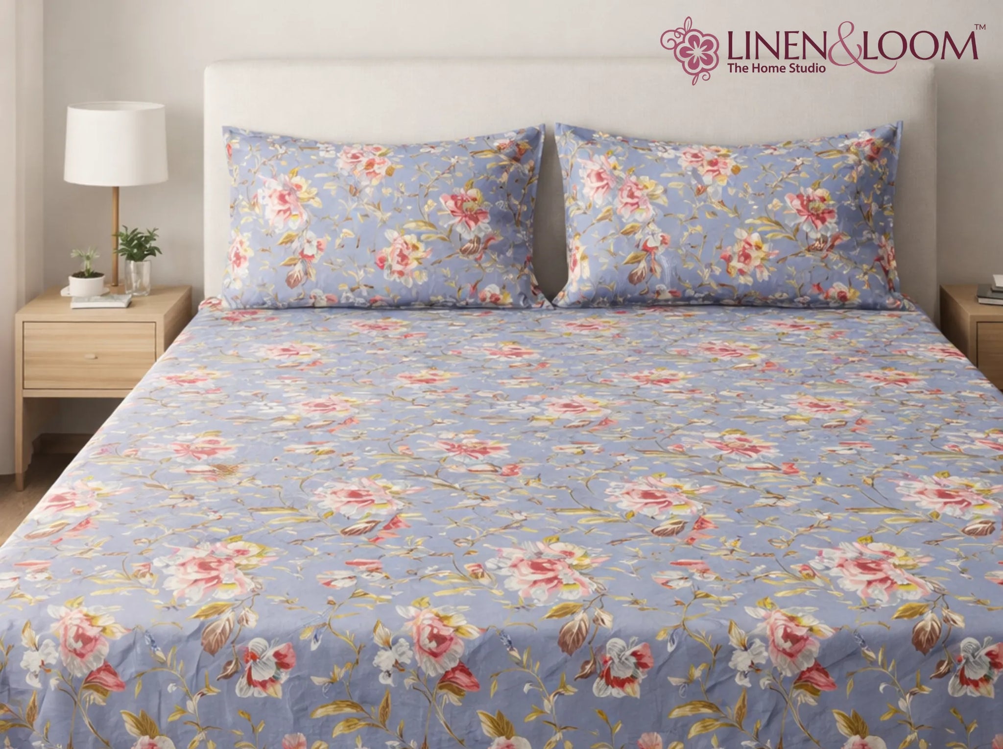 Blue Rosette Garden - Linen & Loom Natural Collection - Super King (100x108) 100% Pure Cotton Bedsheet with 2 Pillow Covers | Soft Breathable Bedspread for Home Decor | TC 240