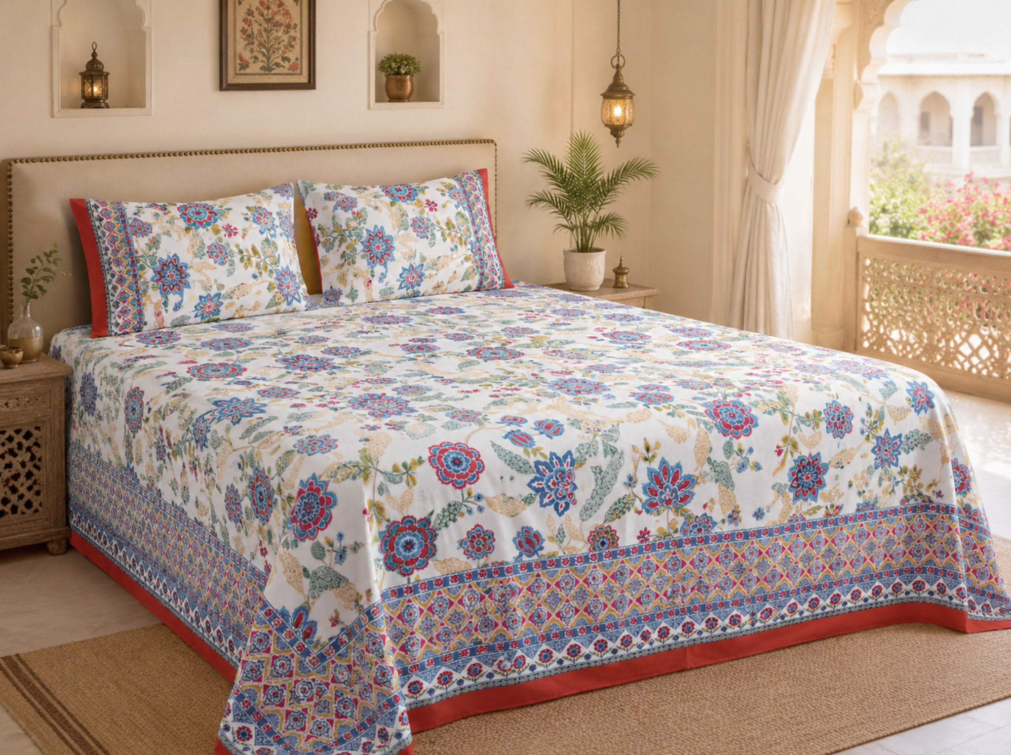 Royal Botanica_Blue — Linen & Loom Jaipur Heritage Super King Size (108 x 108 inches) 100% Pure Cotton Bedsheet with 2 Pillow Covers | Soft & Breathable Bed Cover for Home Decor | 240 TC
