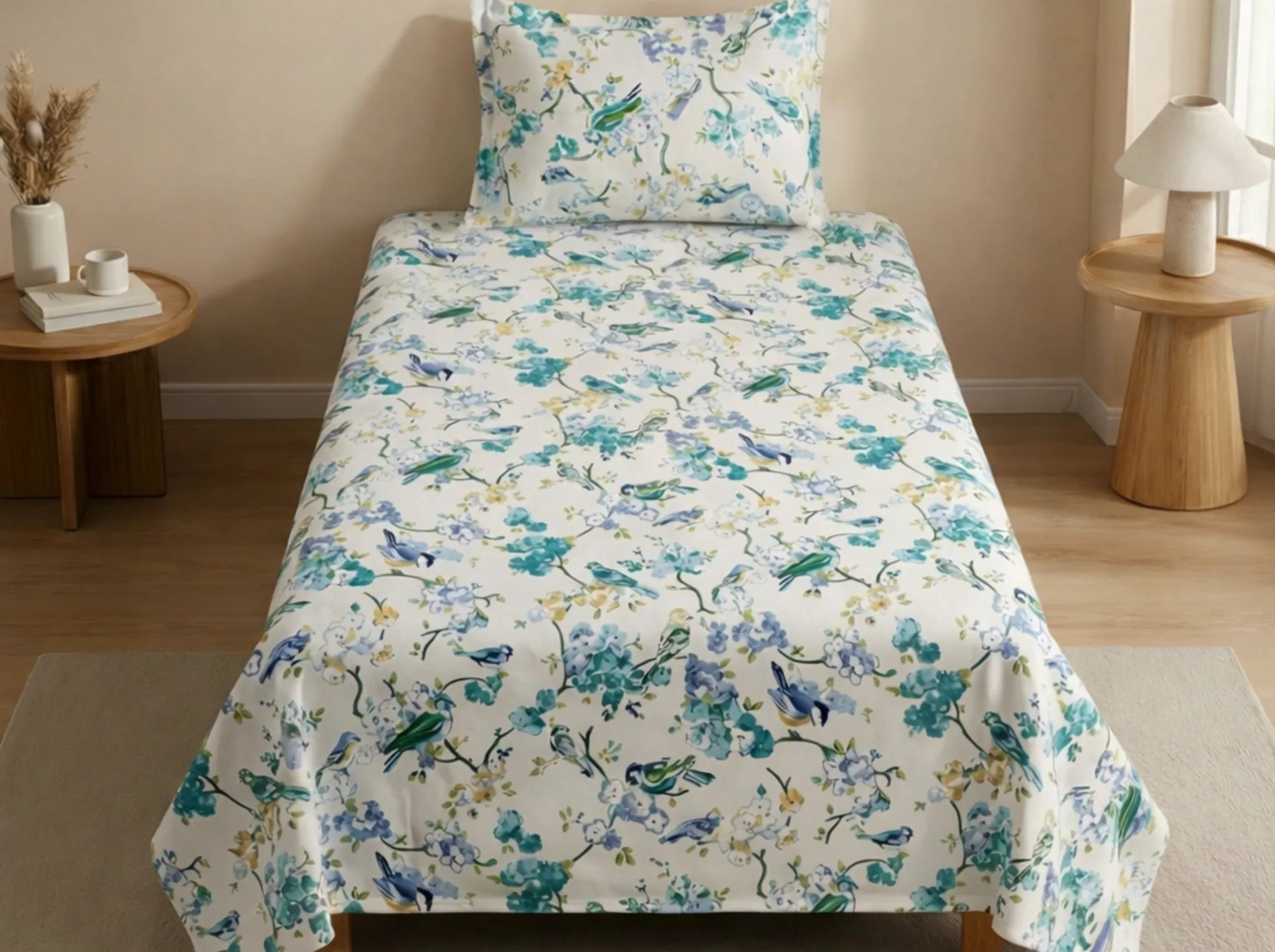Azure Song - Linen & Loom The Natural Collection - 100% Pure Cotton Single Bedsheet (60 x 90 Inches) with 1 Pillow Cover | 240 TC - Soft & Breathable Cotton Bed Sheet for Bedroom